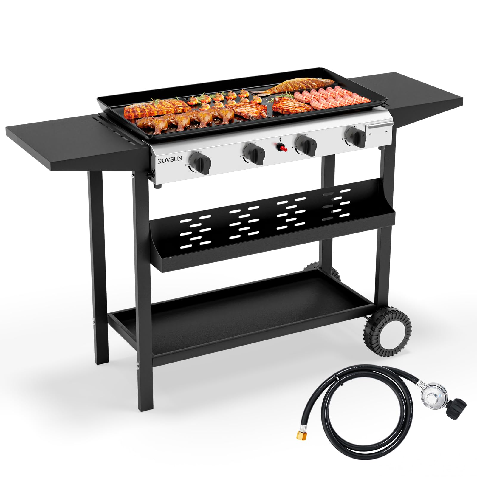 ROVSUN 4 Burner 40 000 BTU Portable Propane Rolling Flat Top Gas Grill with Stand