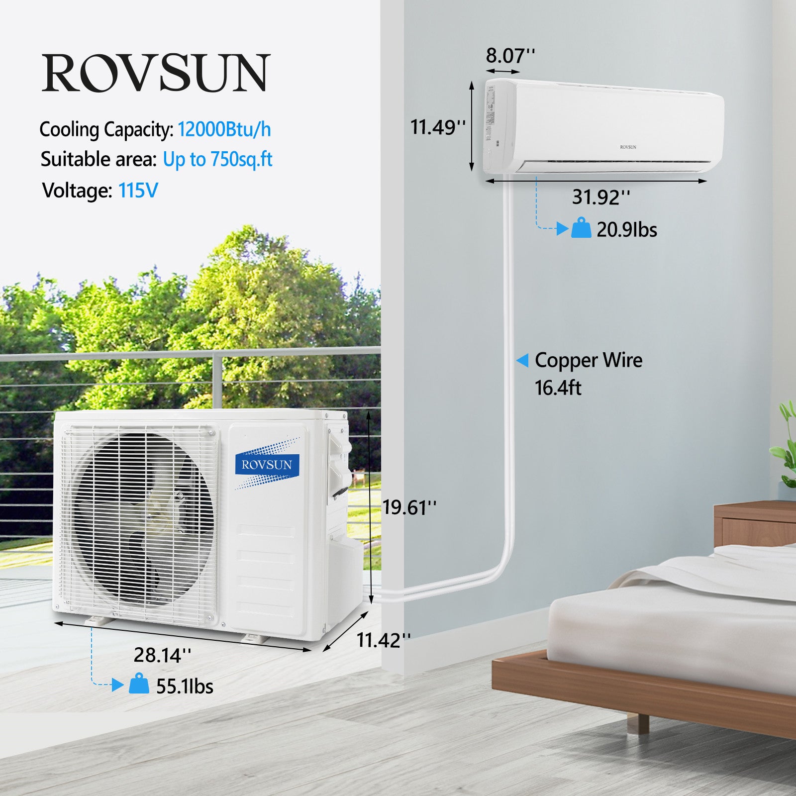 ROVSUN 12000 BTU 19 SEER2 115V Mini Split Air Conditioner with Heat Pump Ductless Inverter & Install Kit