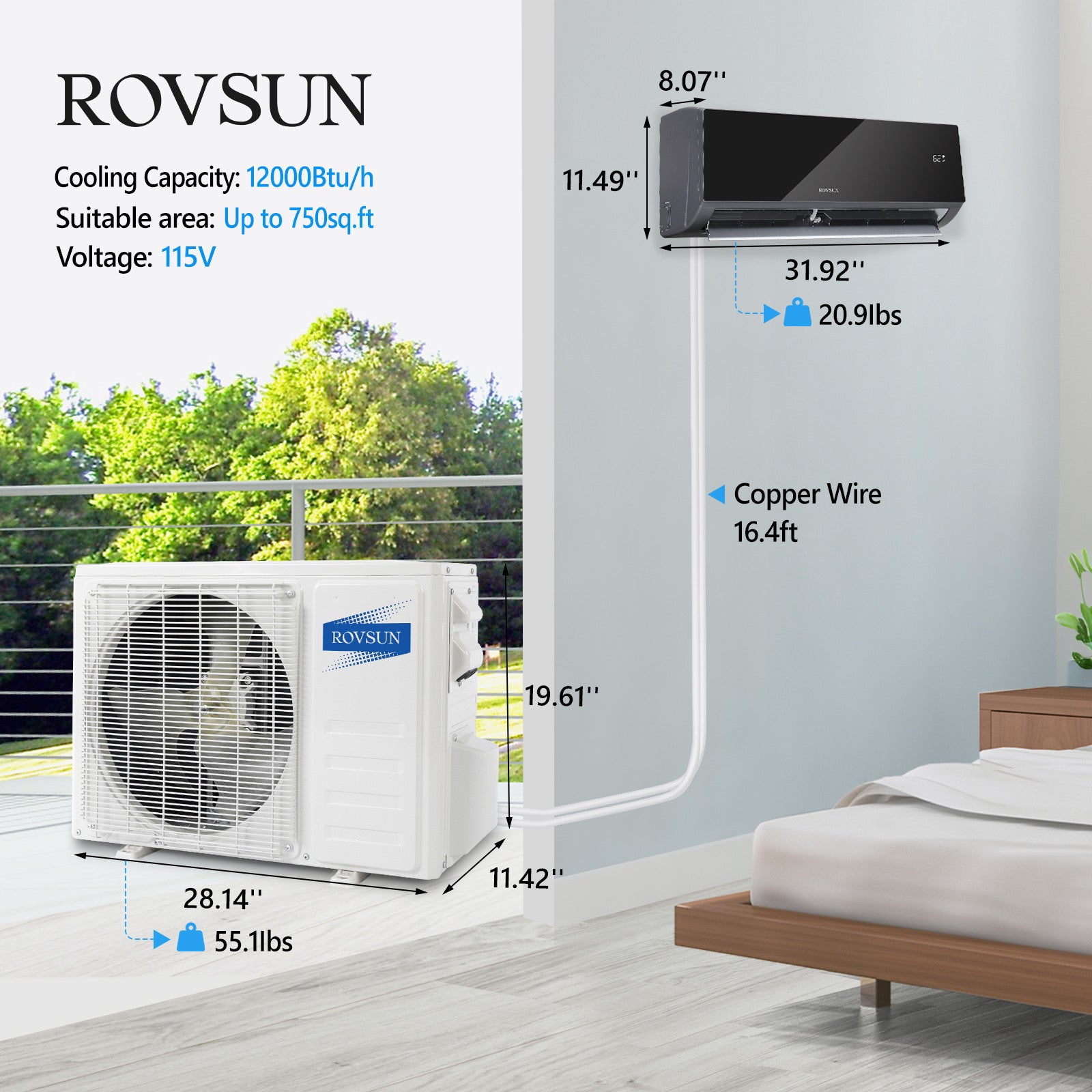 ROVSUN 12000 BTU 19 SEER2 115V Wifi Enabled Ductless Split Air Conditioner with Heat Pump Inverter & Install Kit Black