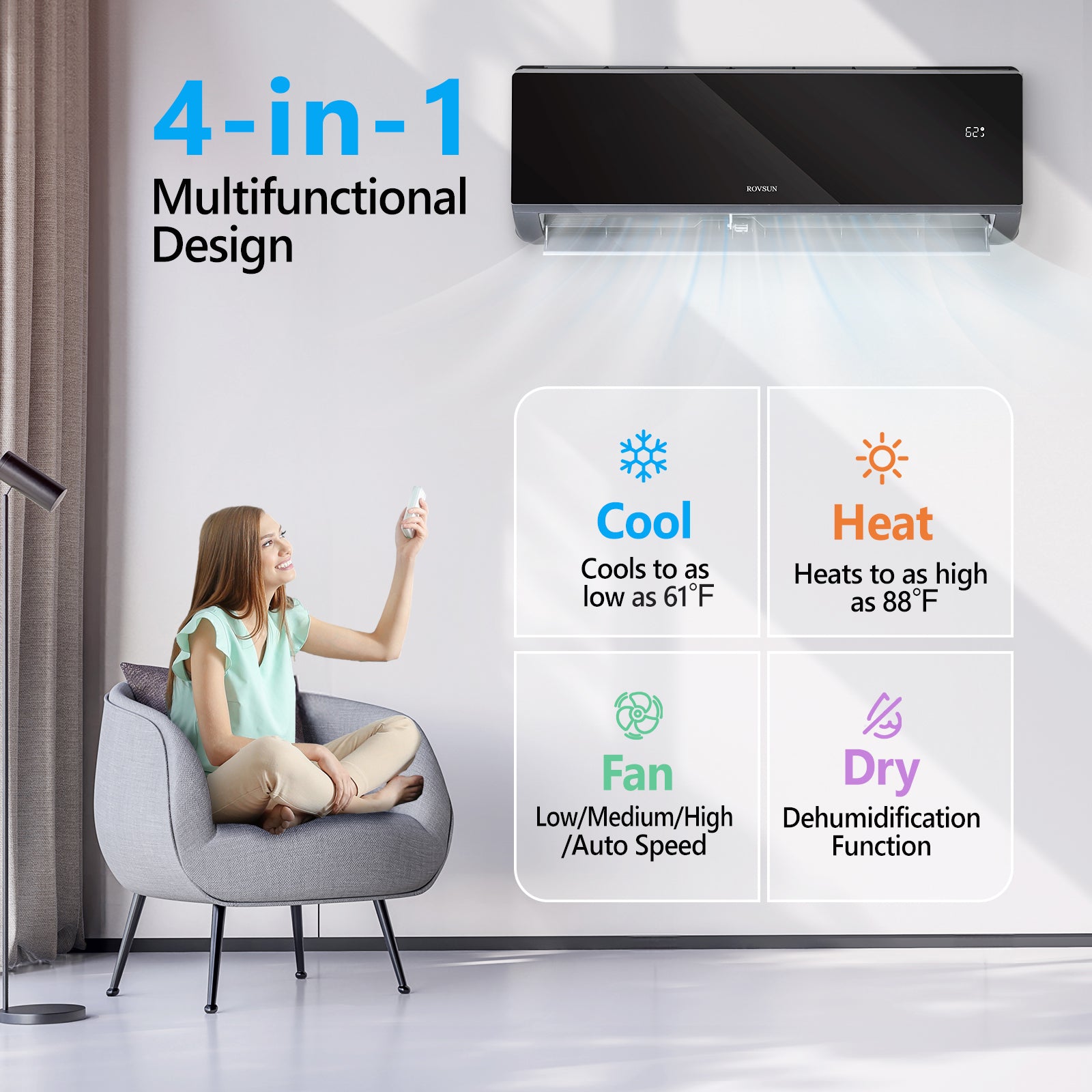 ROVSUN 9000 BTU 19 SEER2 115V Wifi Enabled Ductless Split Air Conditioner with Heat Pump Inverter & Install Kit Black