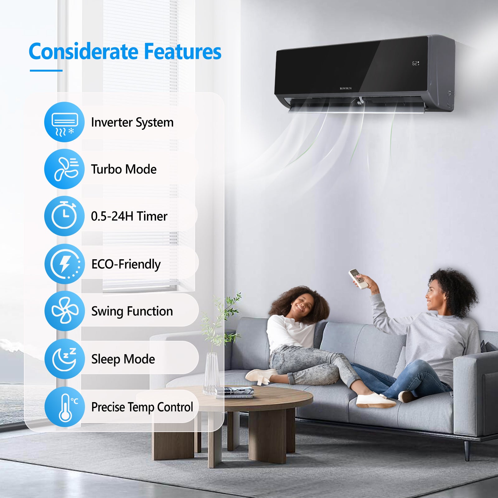 ROVSUN 9000 BTU 19 SEER2 115V Wifi Enabled Ductless Split Air Conditioner with Heat Pump Inverter & Install Kit Black