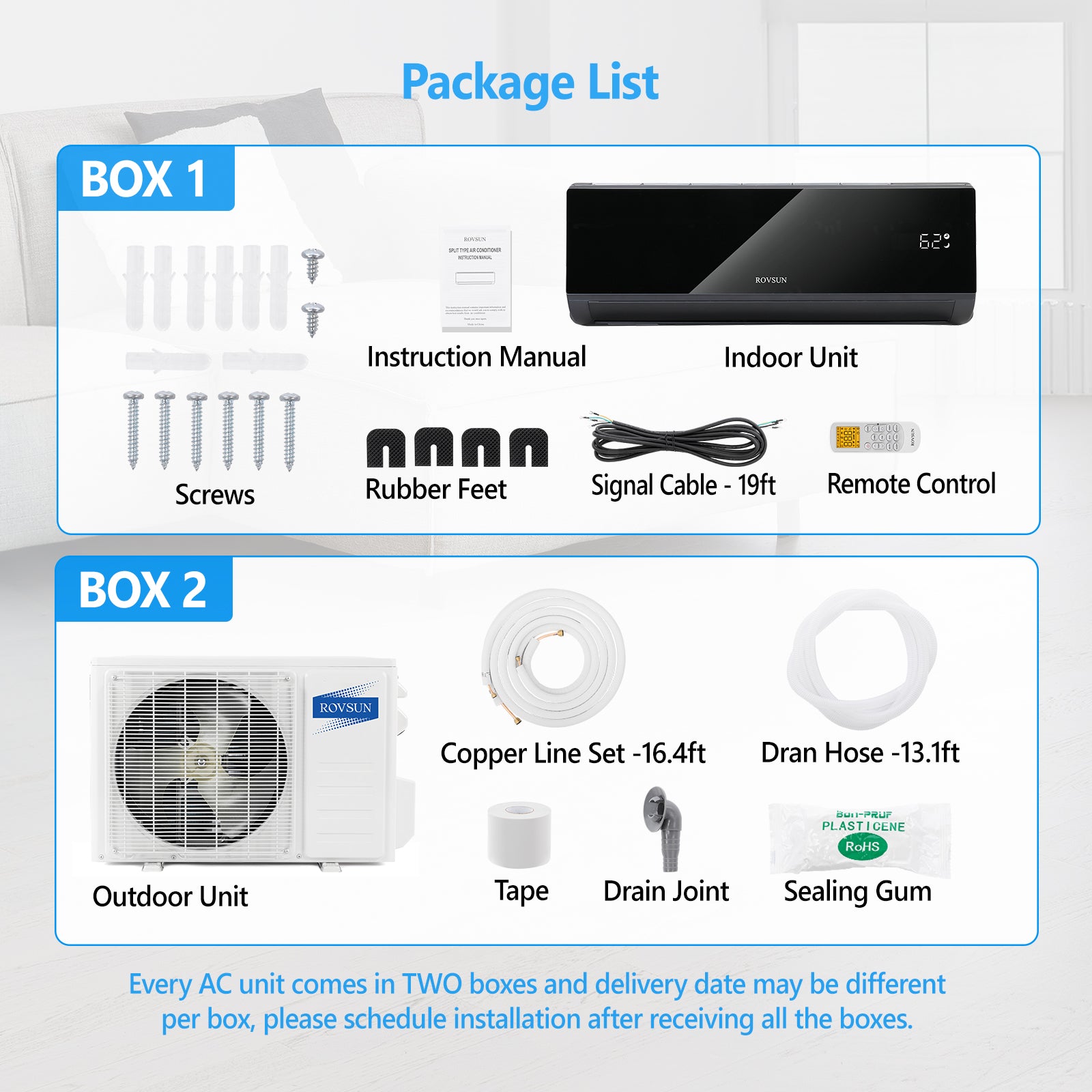 ROVSUN 9000 BTU 19 SEER2 115V Wifi Enabled Ductless Split Air Conditioner with Heat Pump Inverter & Install Kit Black