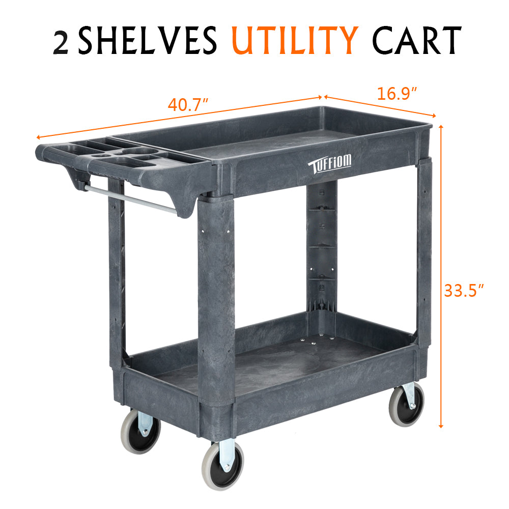 2-Tier 40" x 17" 550 lb. Capacity Plastic Utility Cart with Wheels Grey