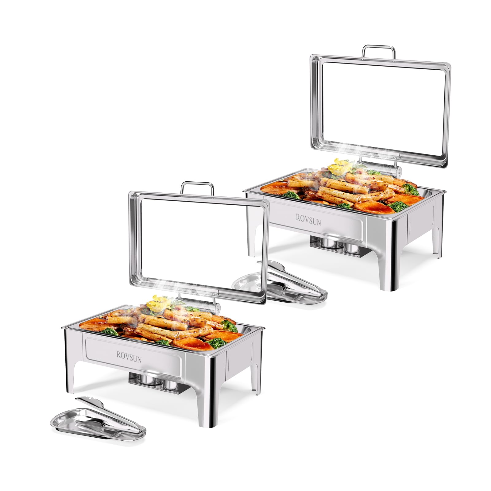 ROVSUN 9 QT Silver Rectangular Chafing Dishes with Glass Lid & Serving Tong