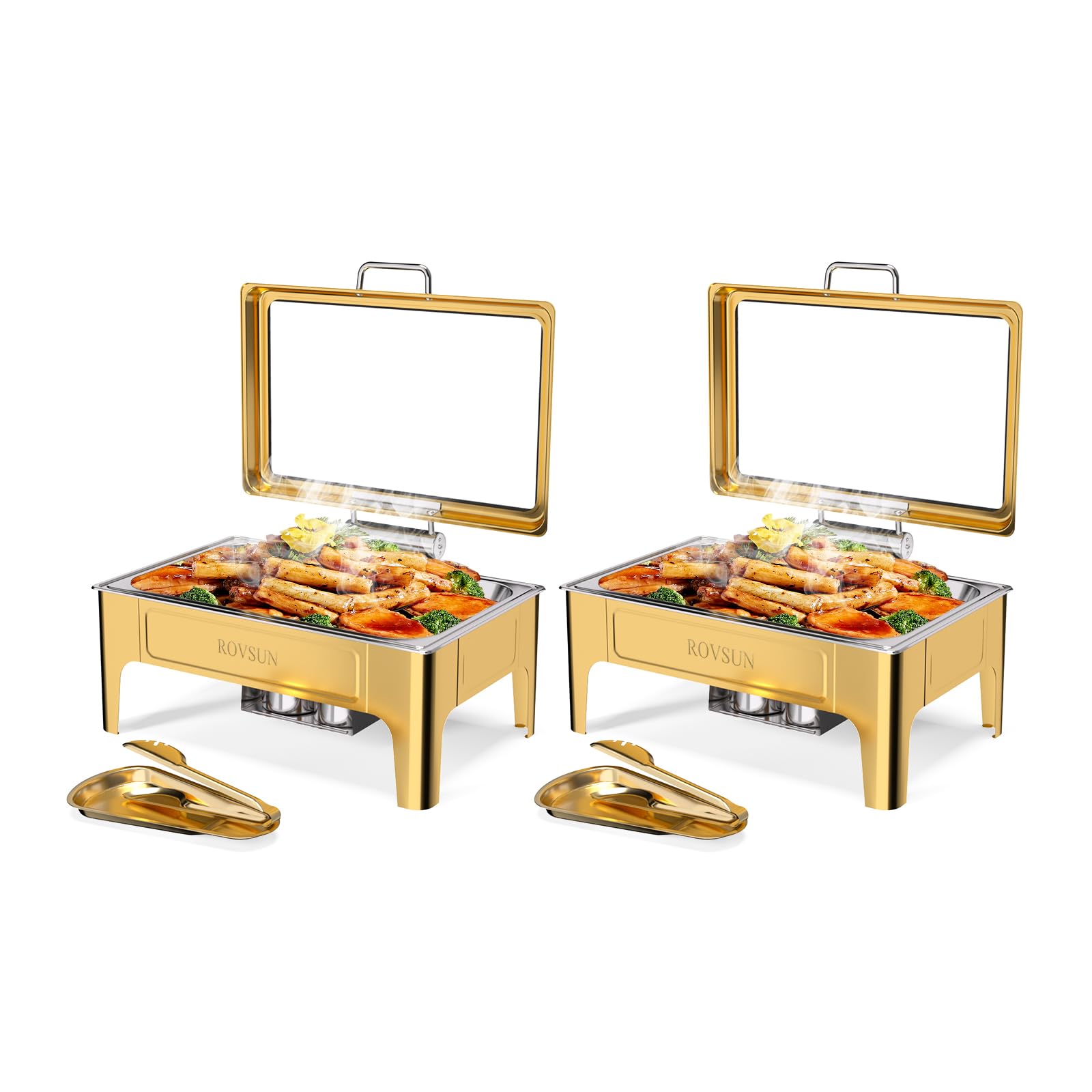 ROVSUN 9 QT Gold Rectangular Chafing Dishes with Glass Lid & Serving Tong