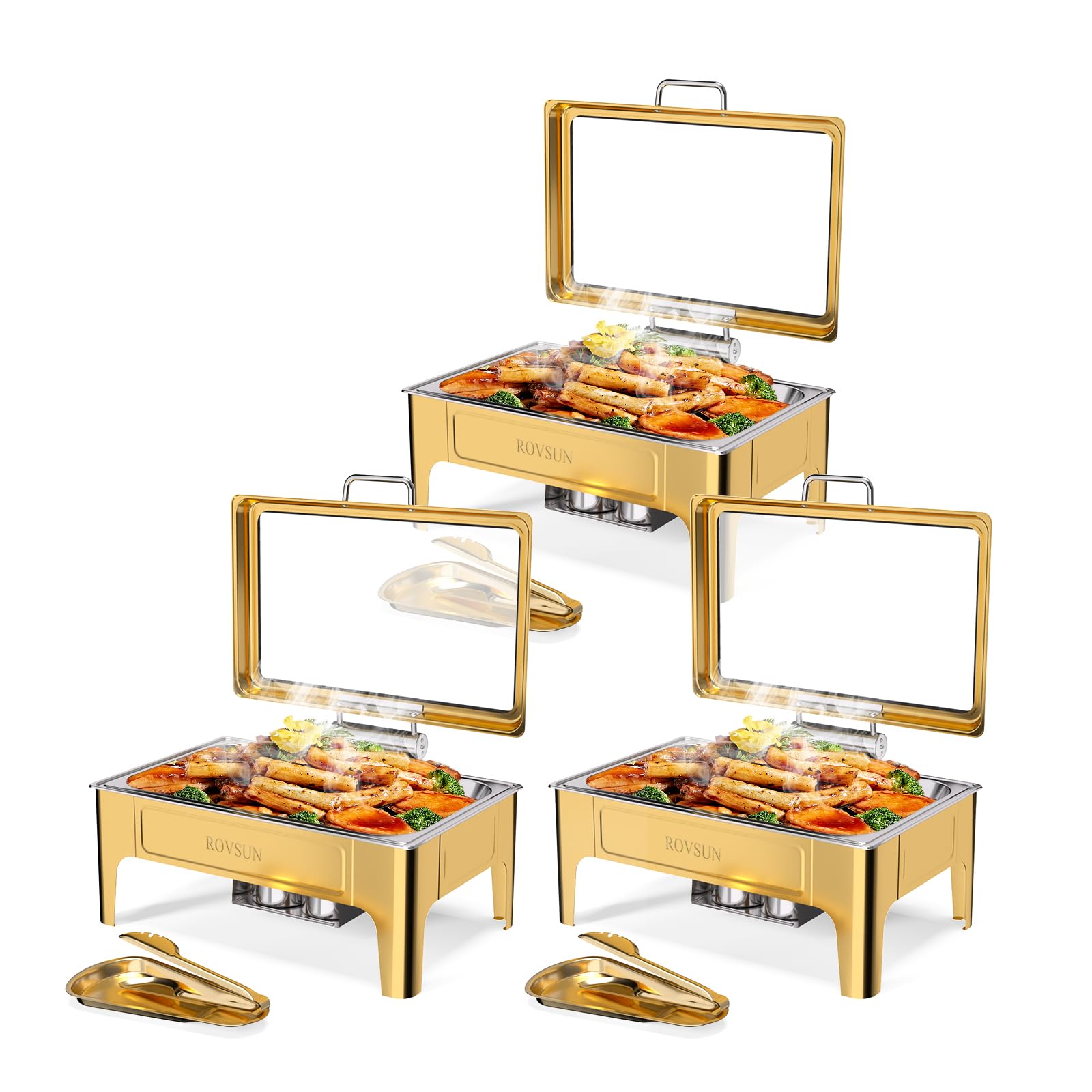 ROVSUN 9 QT Gold Rectangular Chafing Dishes with Glass Lid & Serving Tong