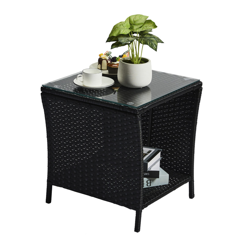 Outdoor Wicker Side Table with Storage Black