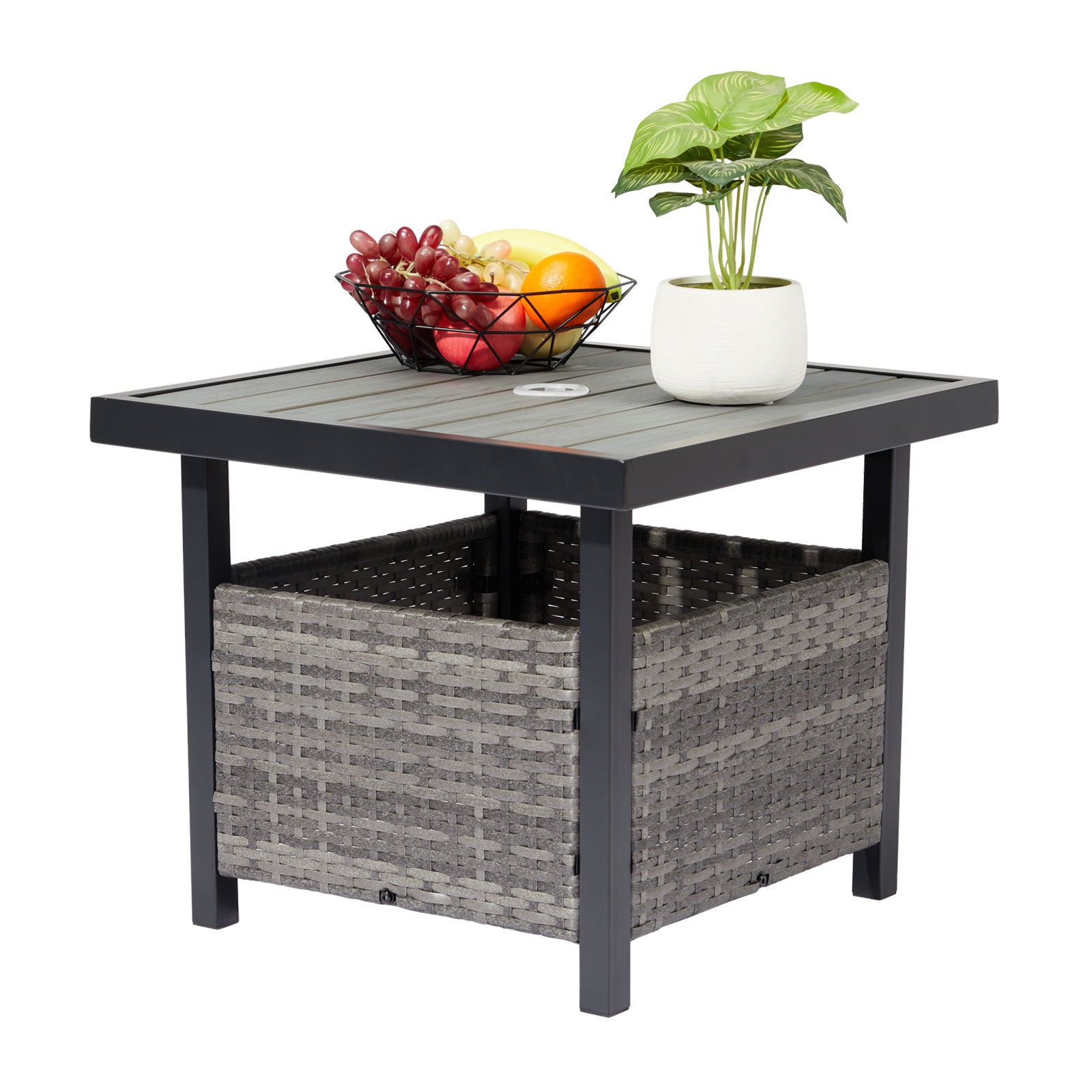 Outdoor Wicker Side Table with Umbrella Hole Grey