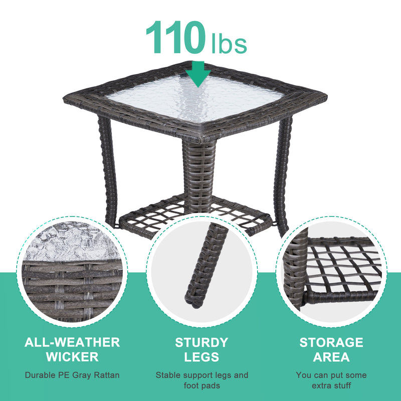Outdoor Wicker Side Table with Tempered Glass Top Grey
