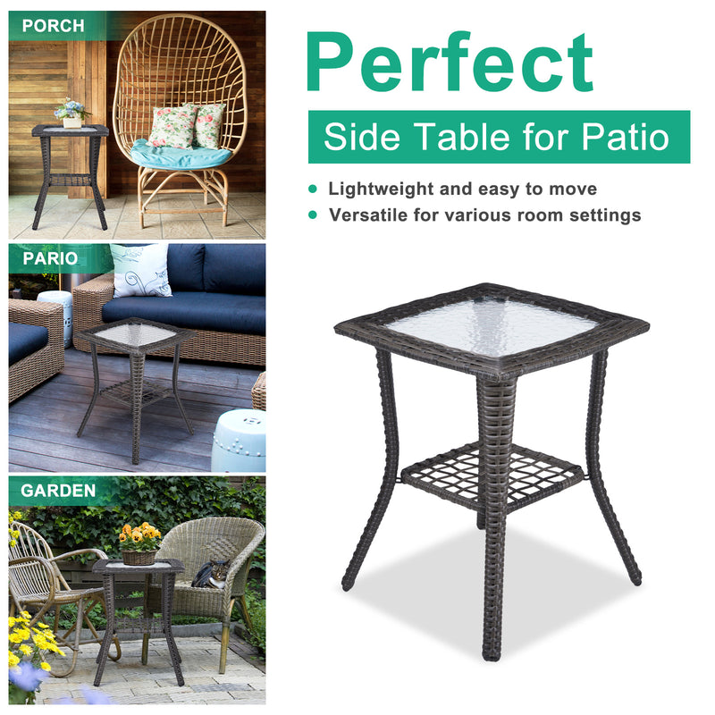 Outdoor Wicker Side Table with Tempered Glass Top Grey
