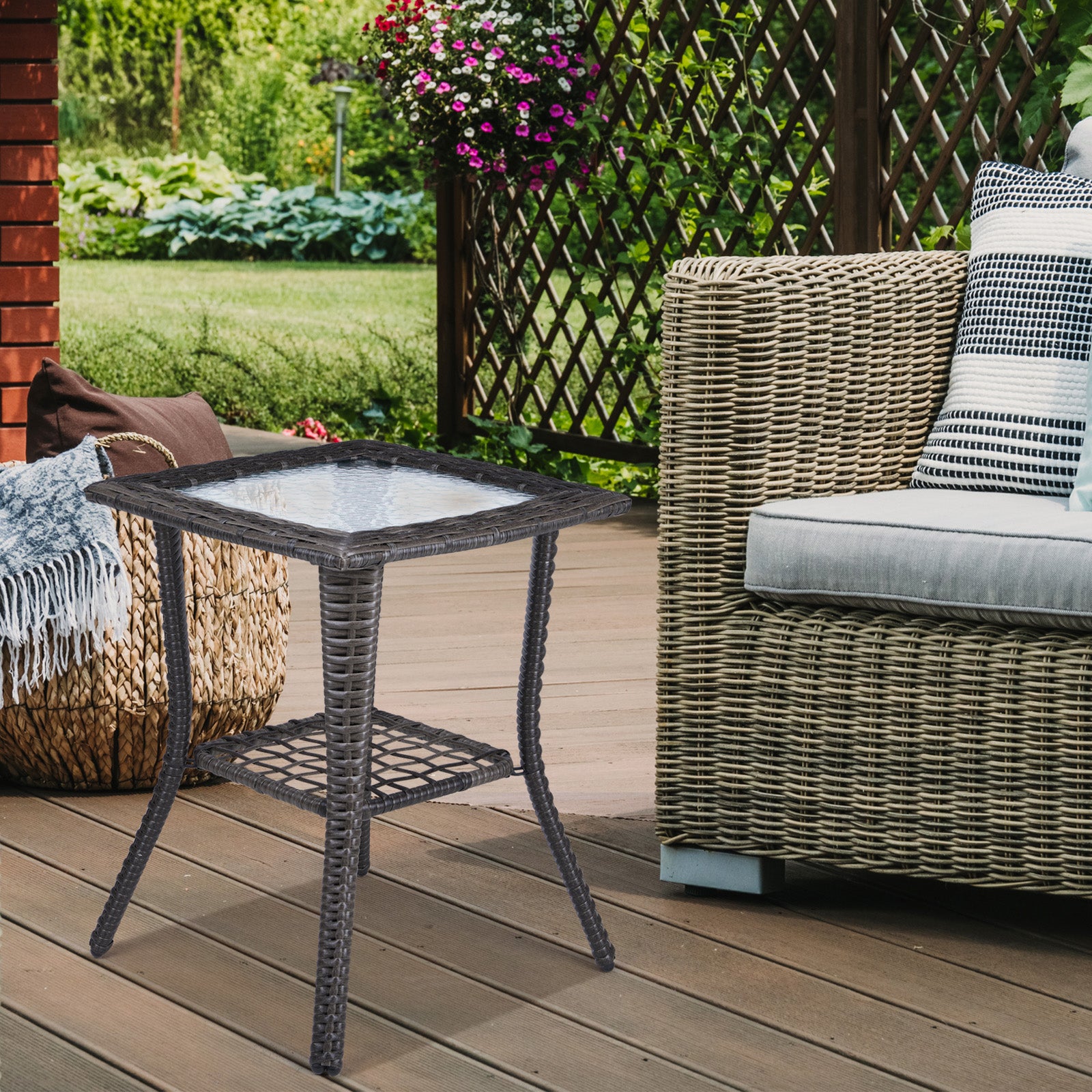 Outdoor Wicker Side Table with Tempered Glass Top Grey