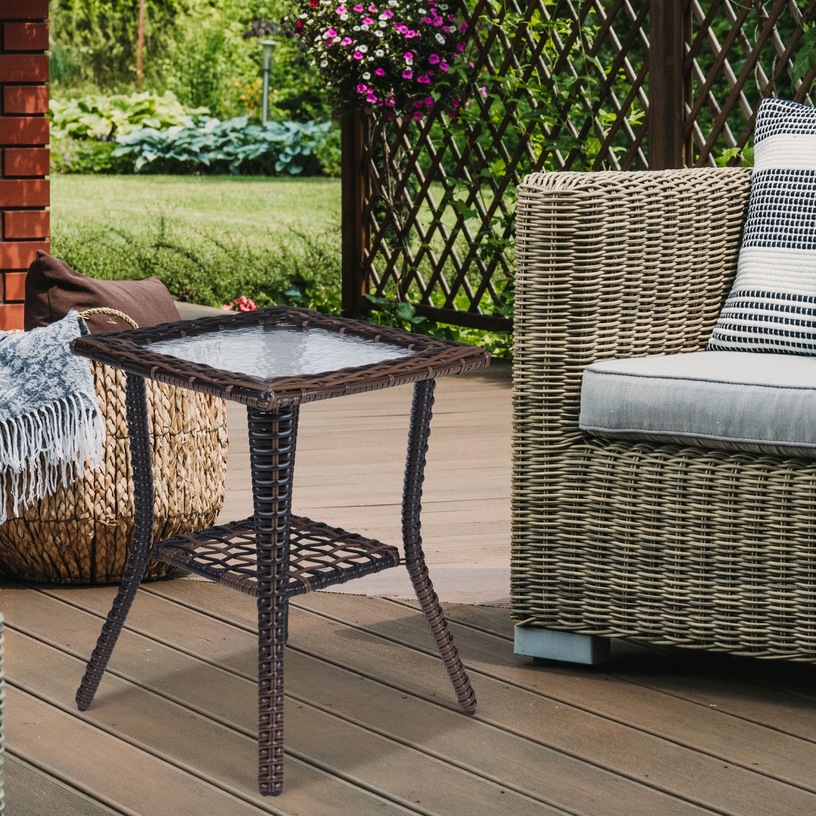 Outdoor Wicker Side Table with Tempered Glass Top Brown