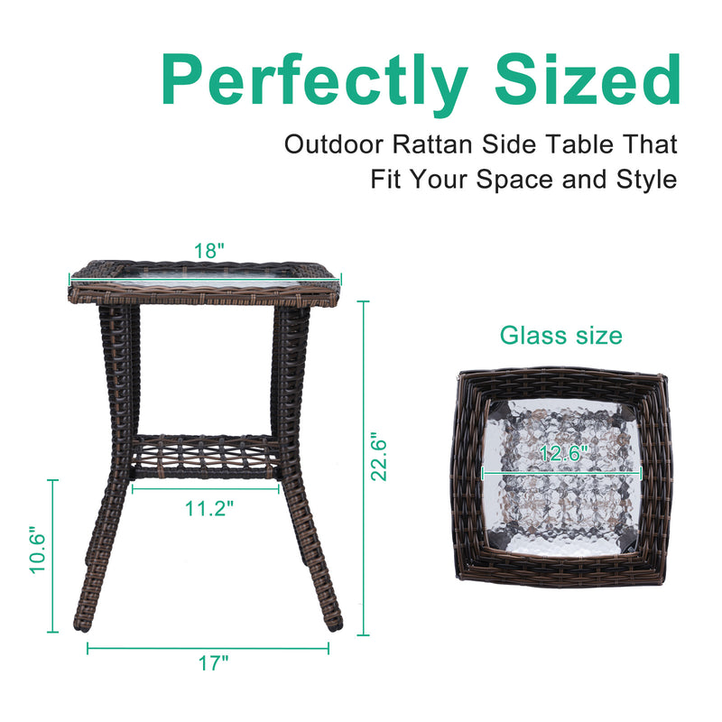 Outdoor Wicker Side Table with Tempered Glass Top Brown