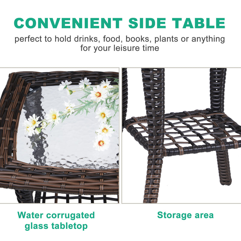 Outdoor Wicker Side Table with Tempered Glass Top Brown