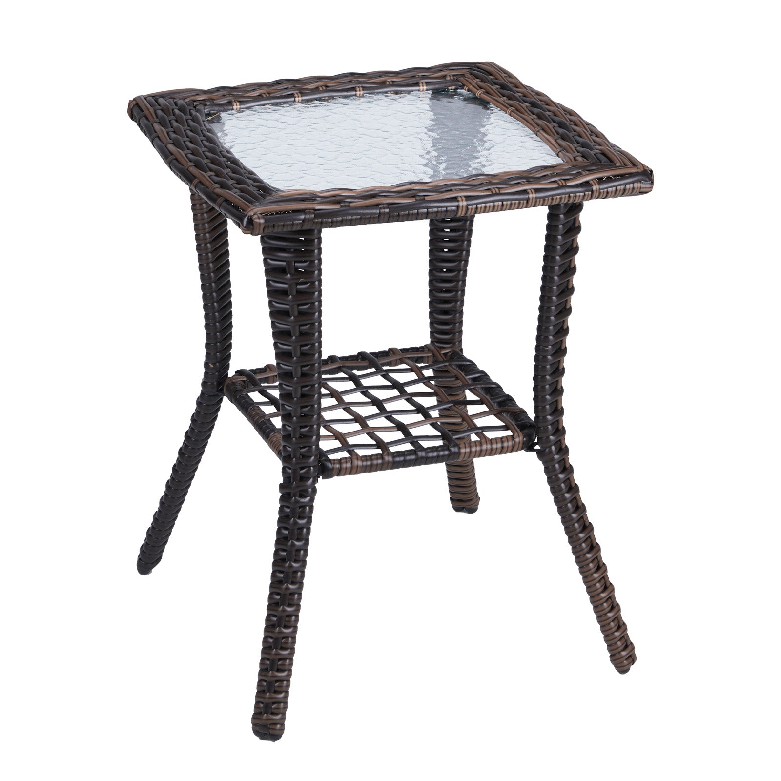 Outdoor Wicker Side Table with Tempered Glass Top Brown