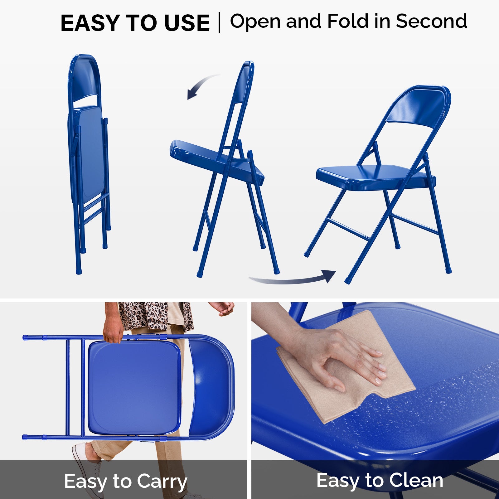 Folding Chairs with All Steel Metal Frame Blue