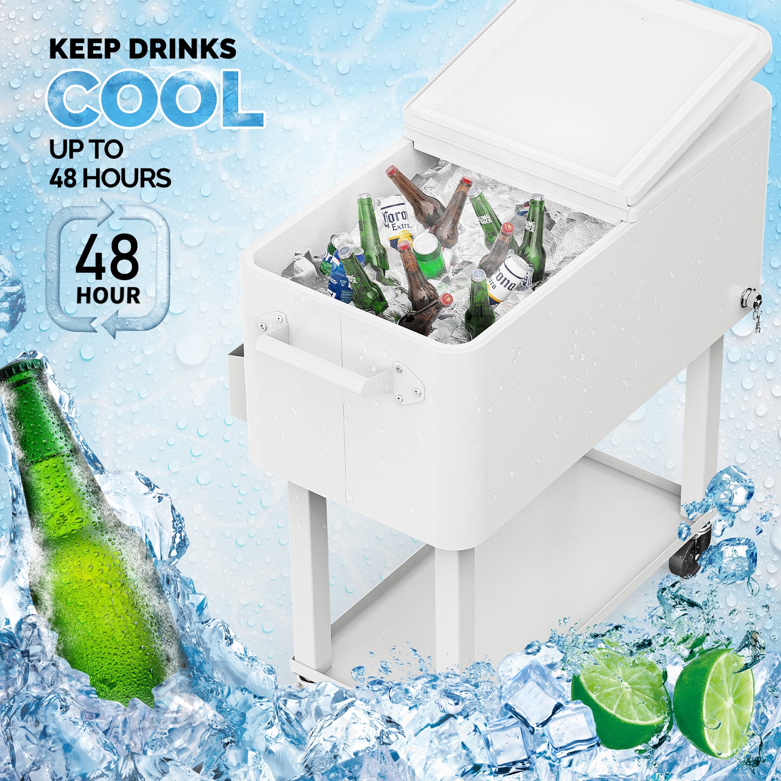 80 Quart Portable Outdoor Patio Rooling Cooler Cart White