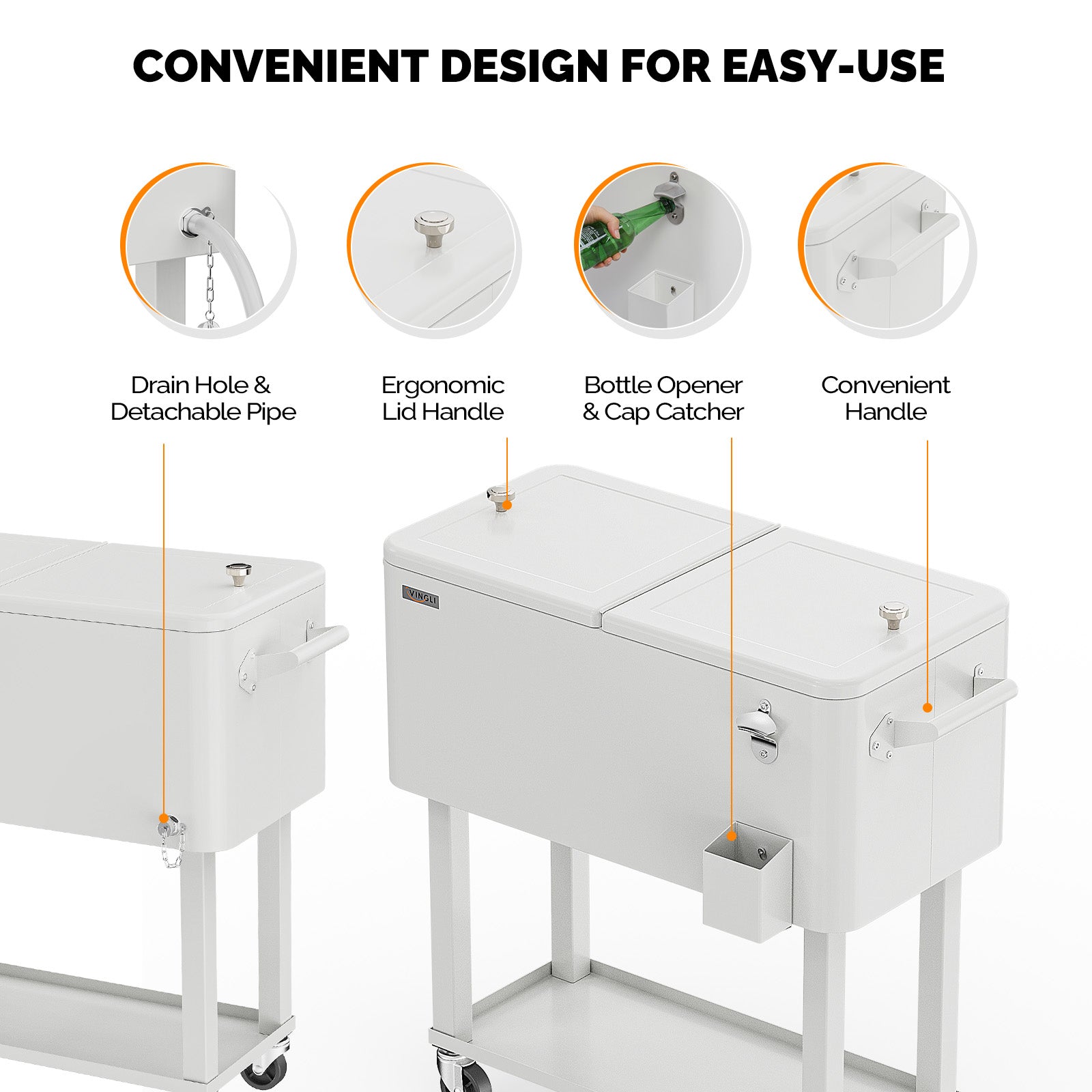 80 Quart Portable Outdoor Patio Rooling Cooler Cart White