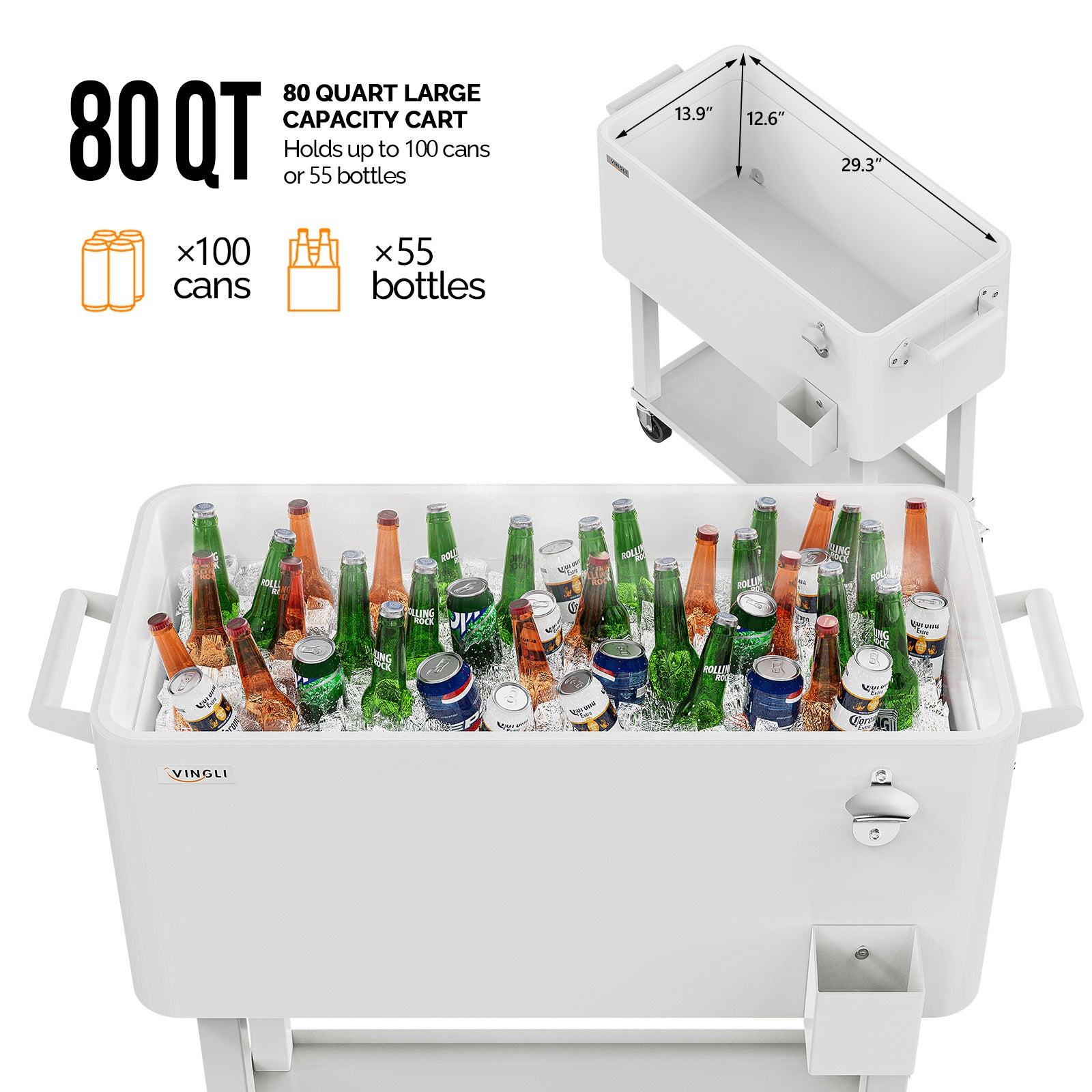 80 Quart Portable Outdoor Patio Rooling Cooler Cart White