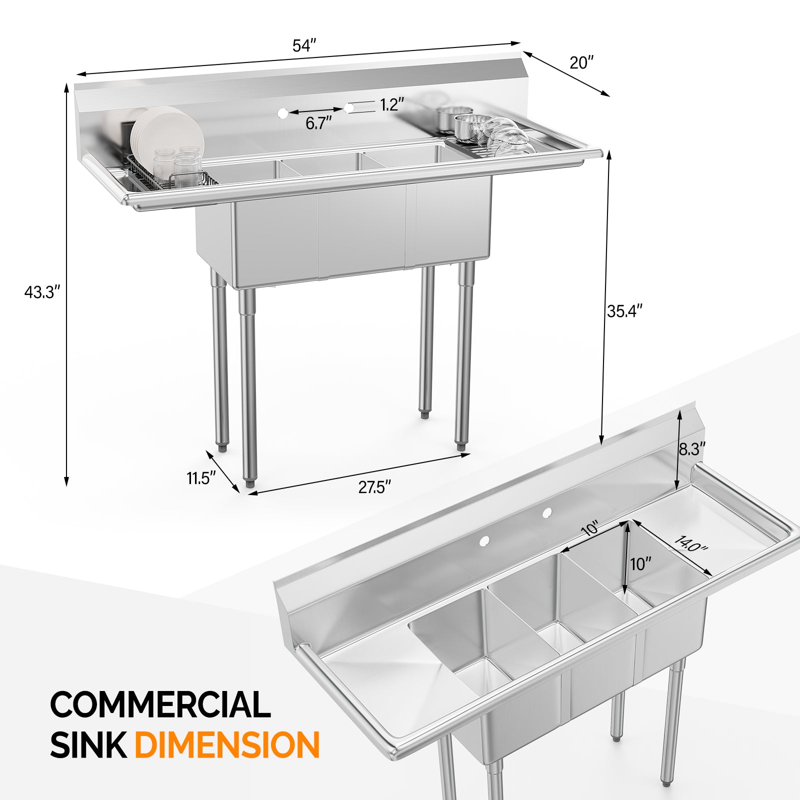 ROVSUN 3 Compartment 304 Stainless Steel Sink with 2 Drainboards