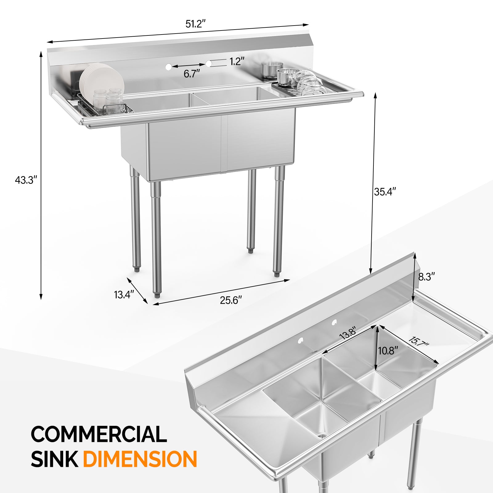 ROVSUN 2 Compartment 304 Stainless Steel Sink with 2 Drainboards