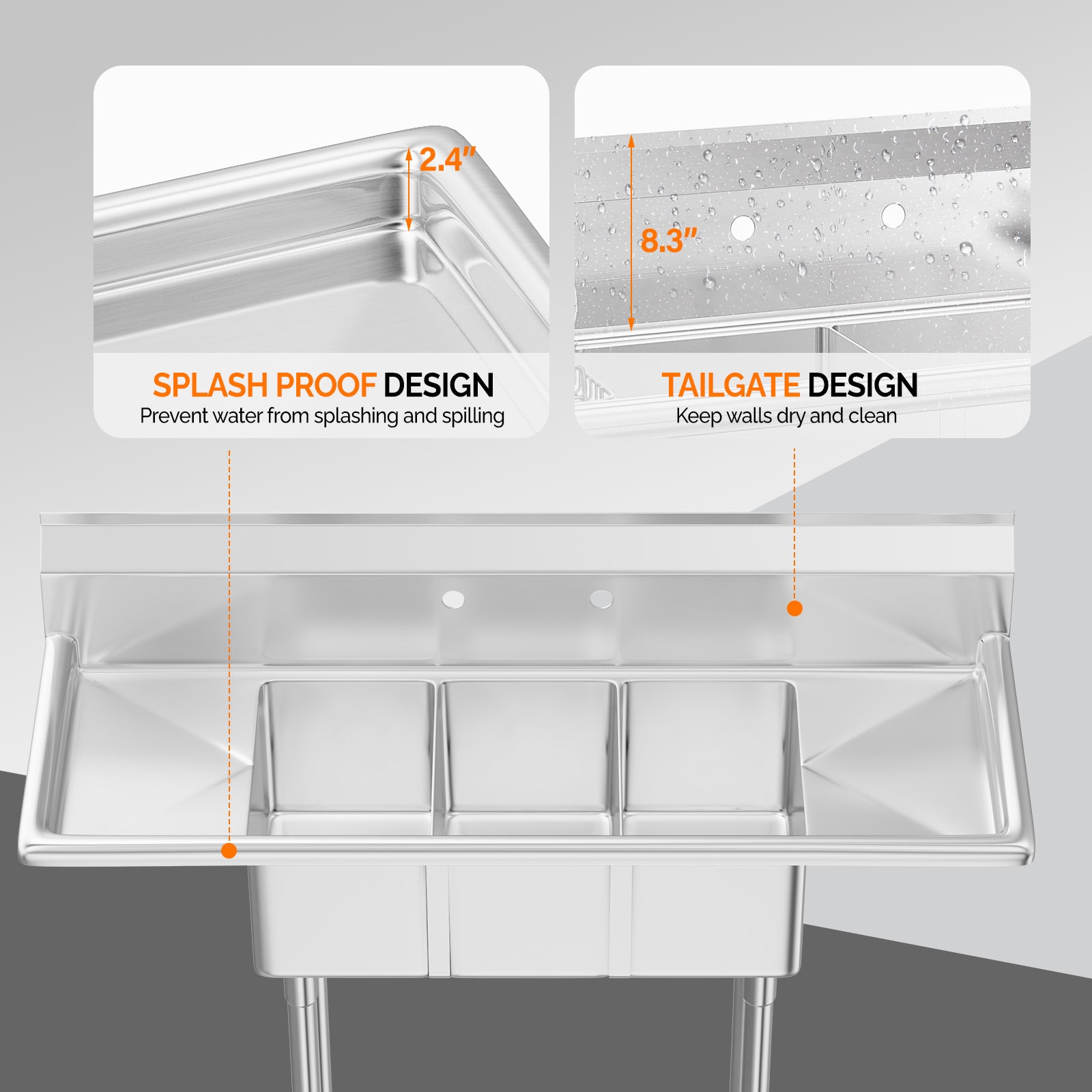 ROVSUN 3 Compartment 304 Stainless Steel Sink with 2 Drainboards