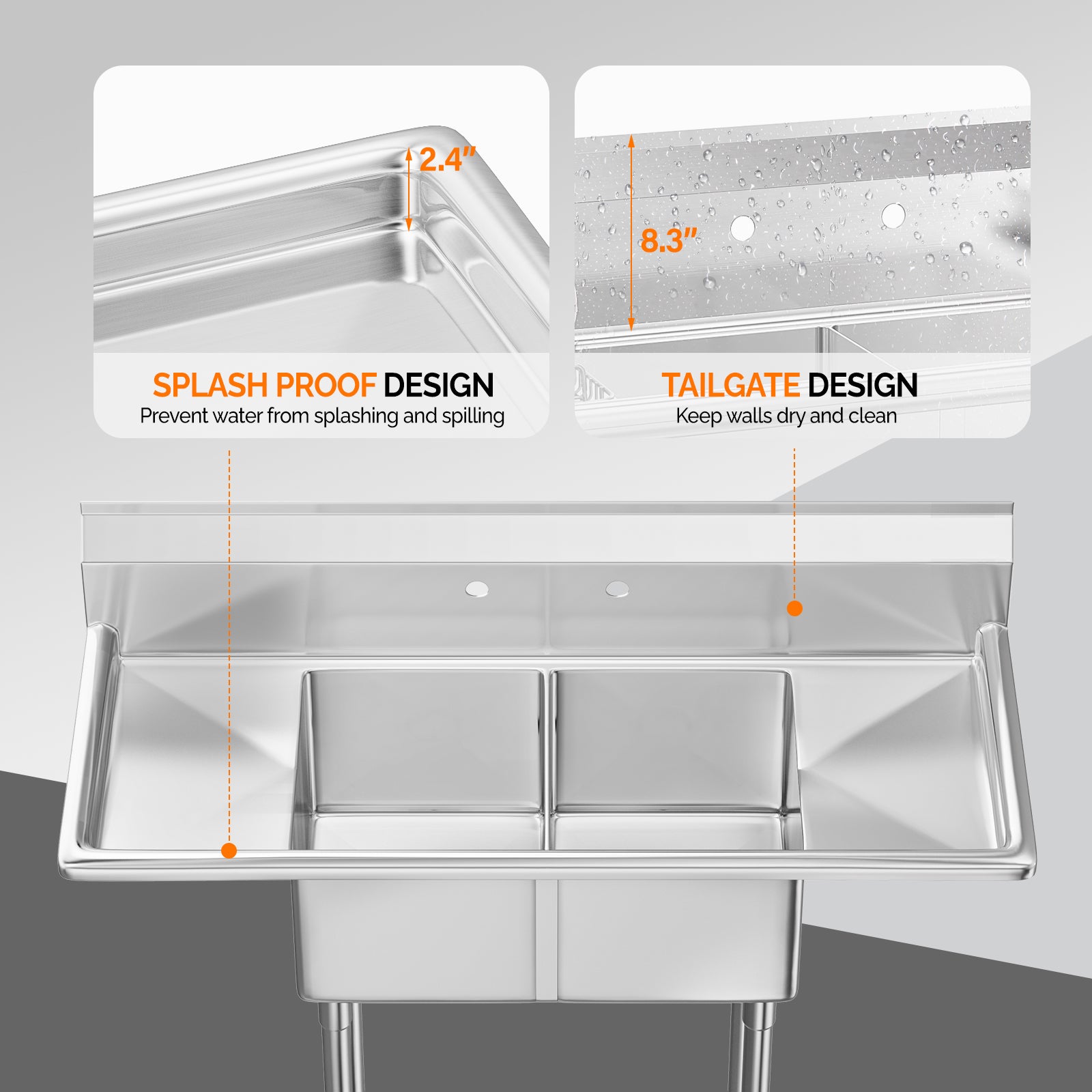 ROVSUN 2 Compartment 304 Stainless Steel Sink with 2 Drainboards