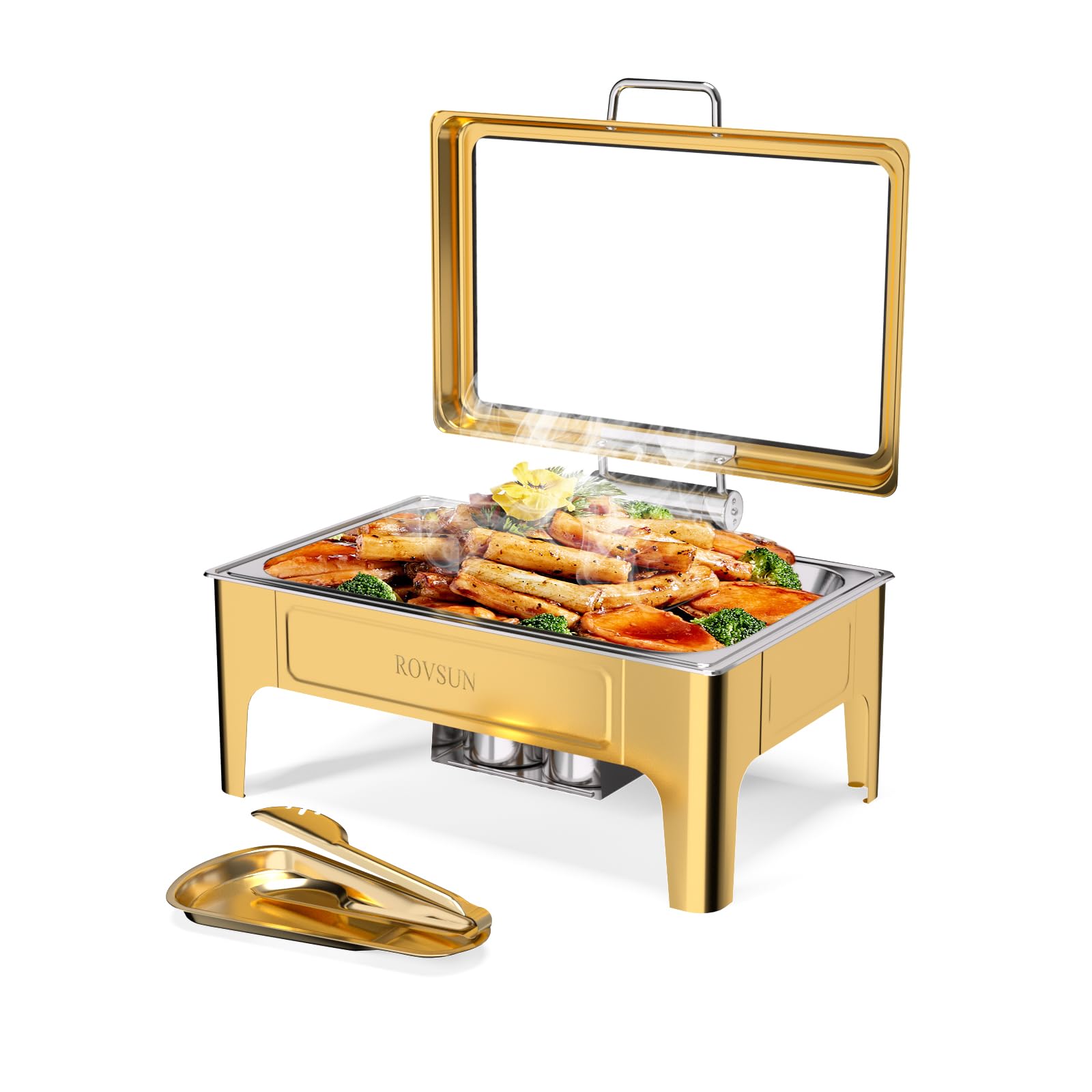 ROVSUN 9 QT Gold Rectangular Chafing Dishes with Glass Lid & Serving Tong