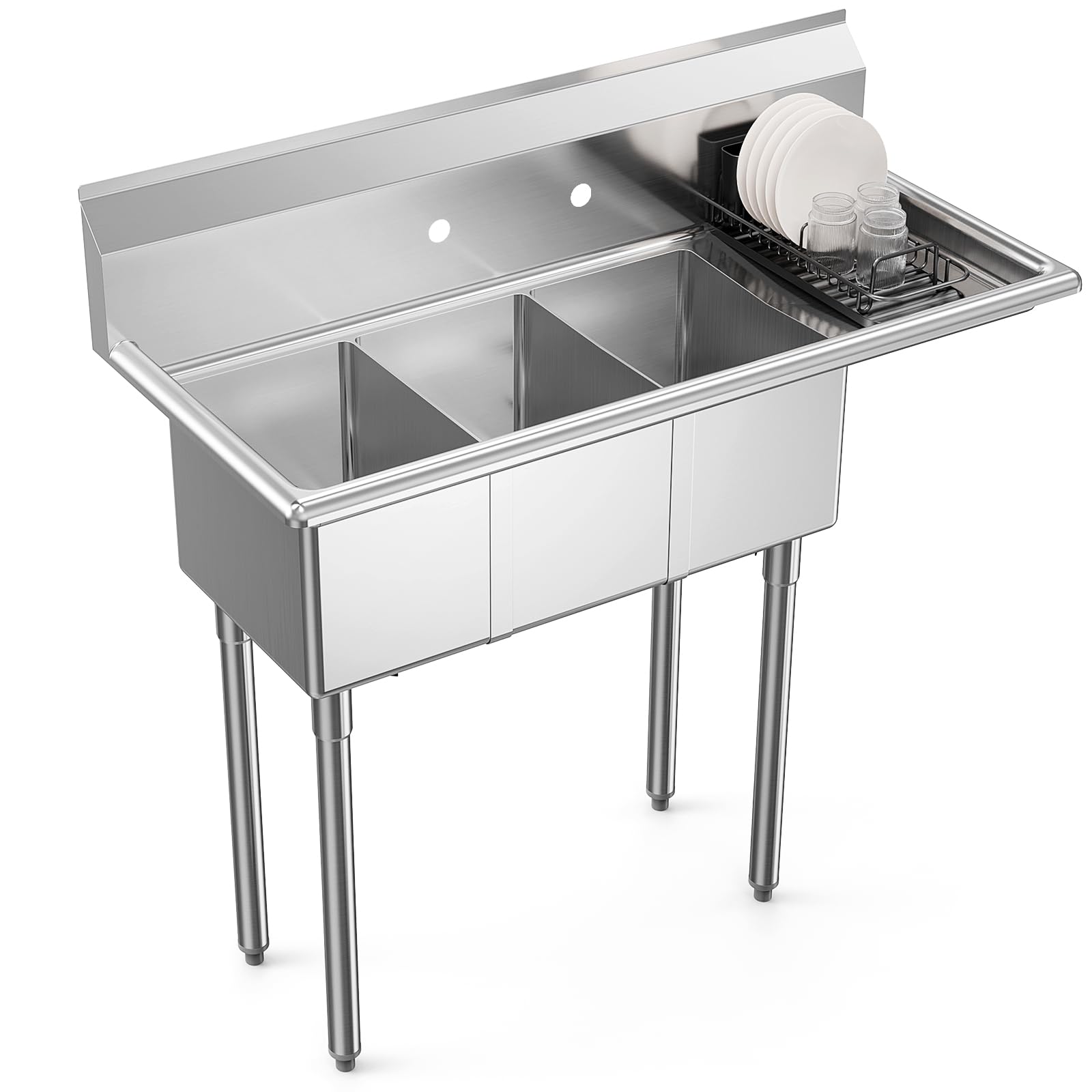 ROVSUN 44" 3 Compartment 304 Stainless Steel Sink with Right Side Drainboard