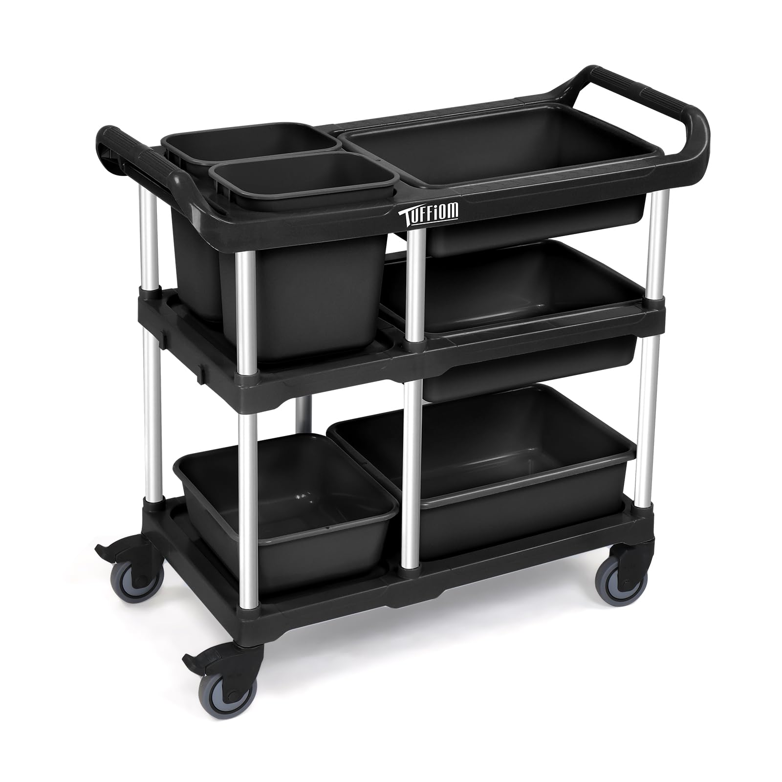 3-Tier 41" x 18" 330 lb. Capacity Plastic Utility Cart/Bussing Cart Black