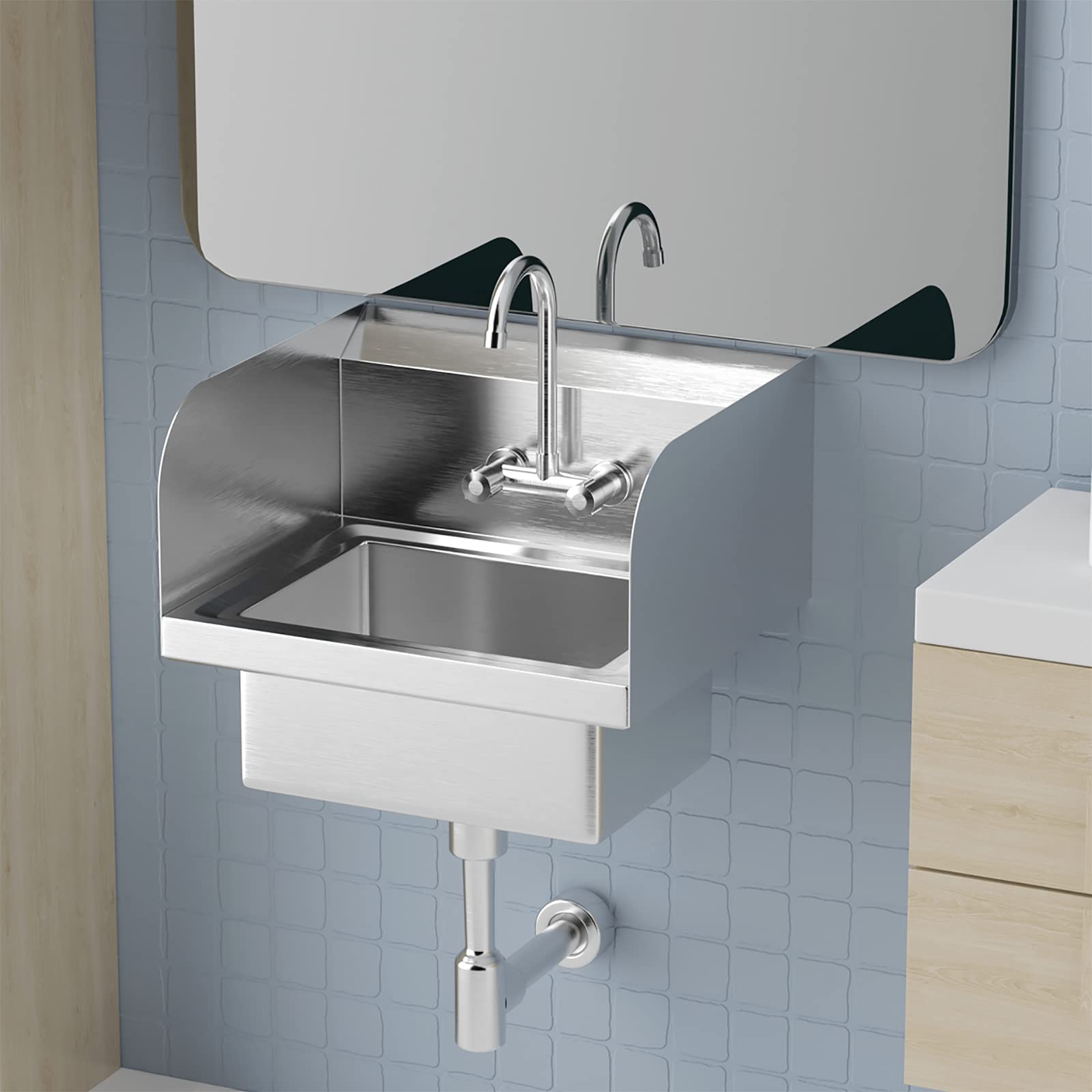 ROVSUN Wall Mount Stainless Steel Hand Wash Sink with Faucet & Sidesplashes