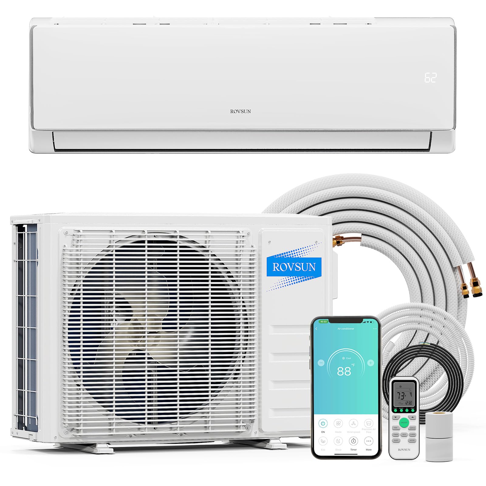 ROVSUN 17,000 BTU 17 SEER2 230V Wifi Enabled Ductless Mini Split Air Conditioner with Heat Pump Inverter & Install Kit