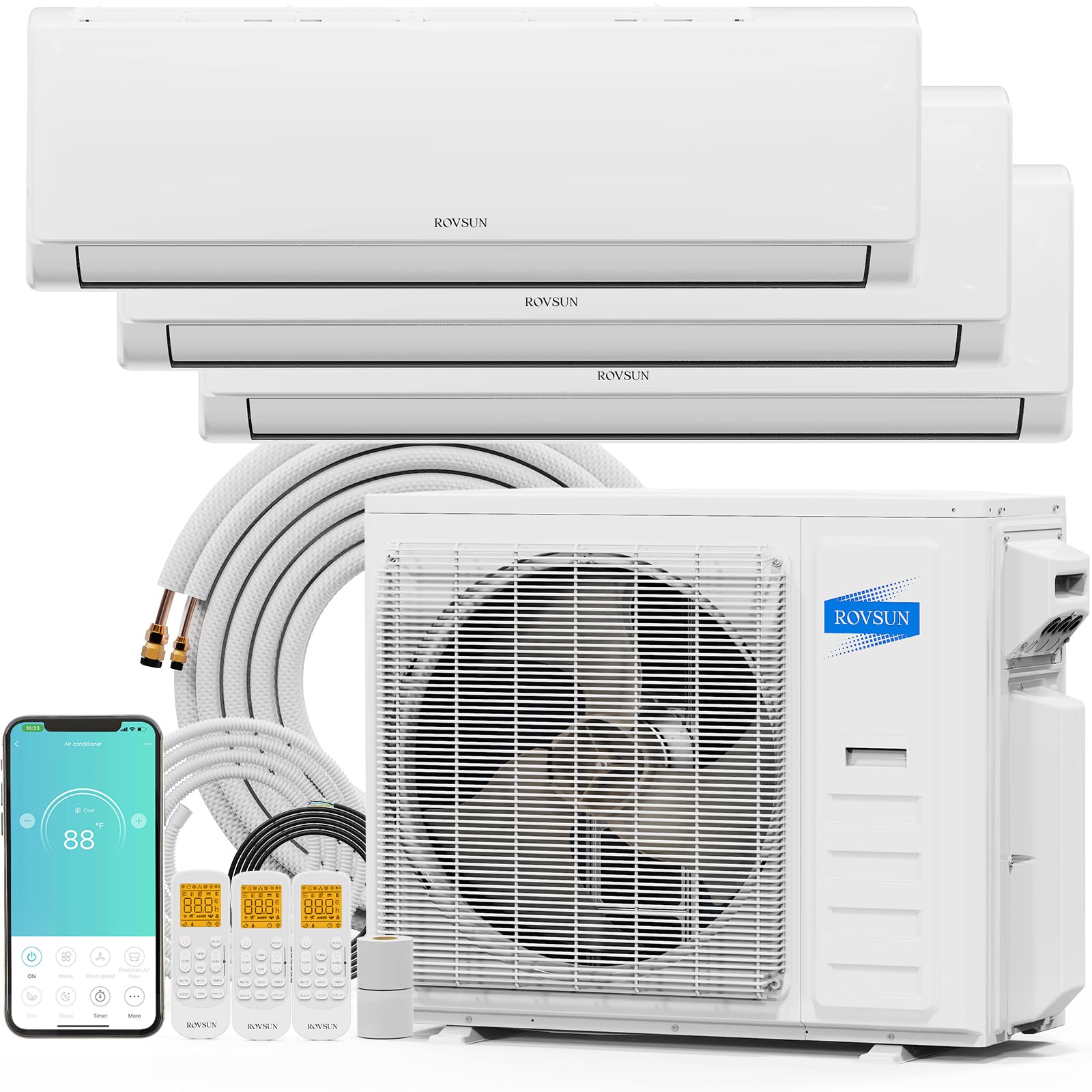 ROVSUN 3 Zone 9,000 + 9,000 + 12,000 / 35,000 BTU Wifi Mini Split Air Conditioner Ductless 19 SEER2 230V with Heat Pump & 25Ft Install Kit