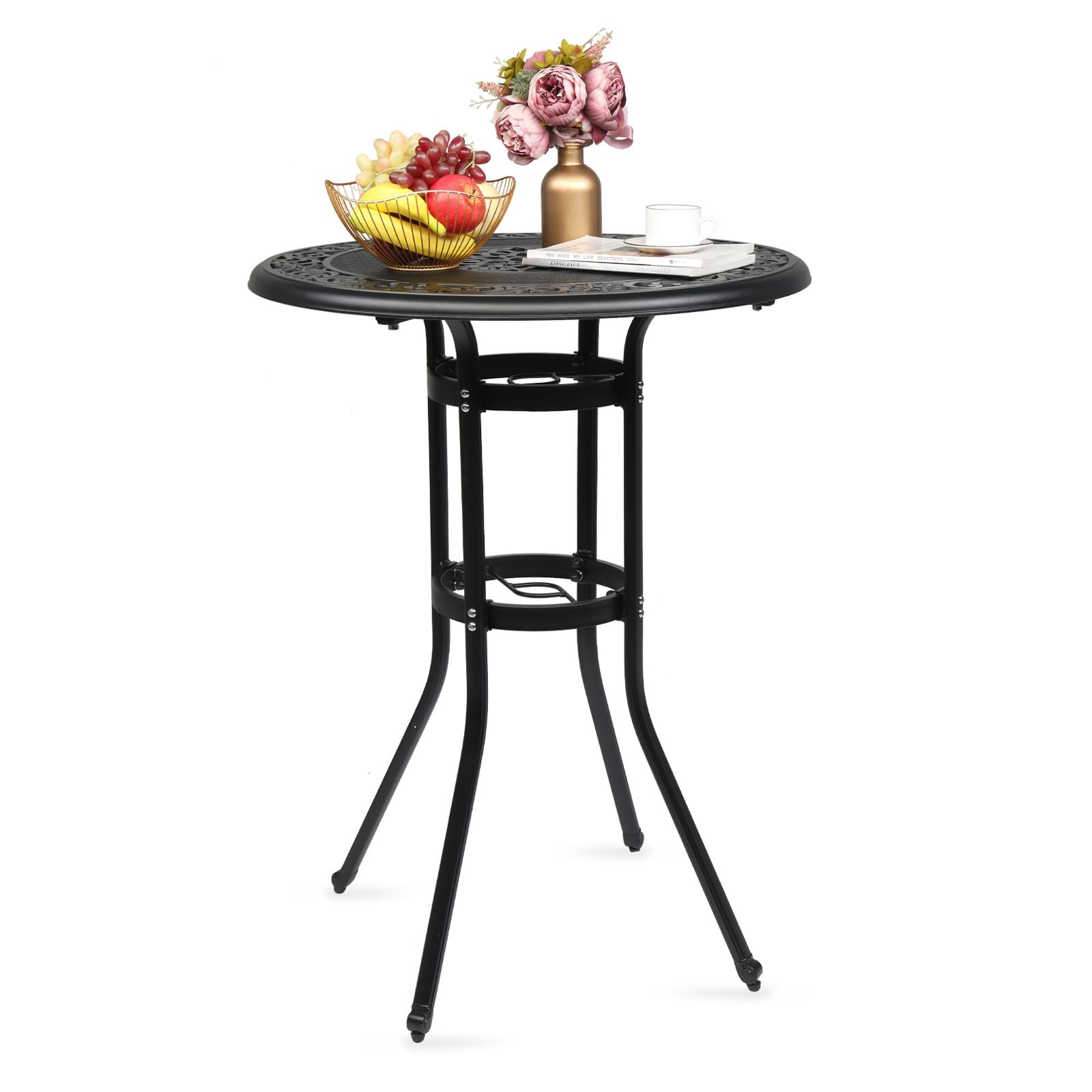 32 Inch Round Outdoor Bar Table with Umbrella Hole Black