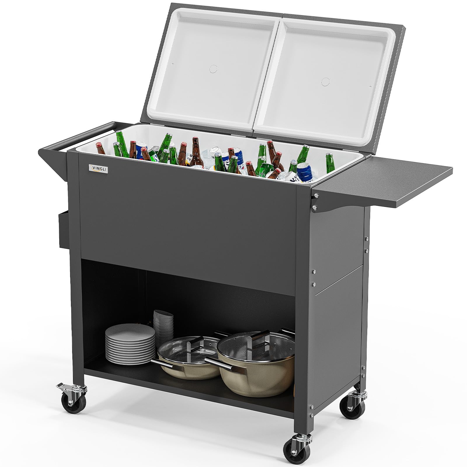 80 Quart Portable Outdoor Patio Rooling Cooler Cart with Shelf Grey