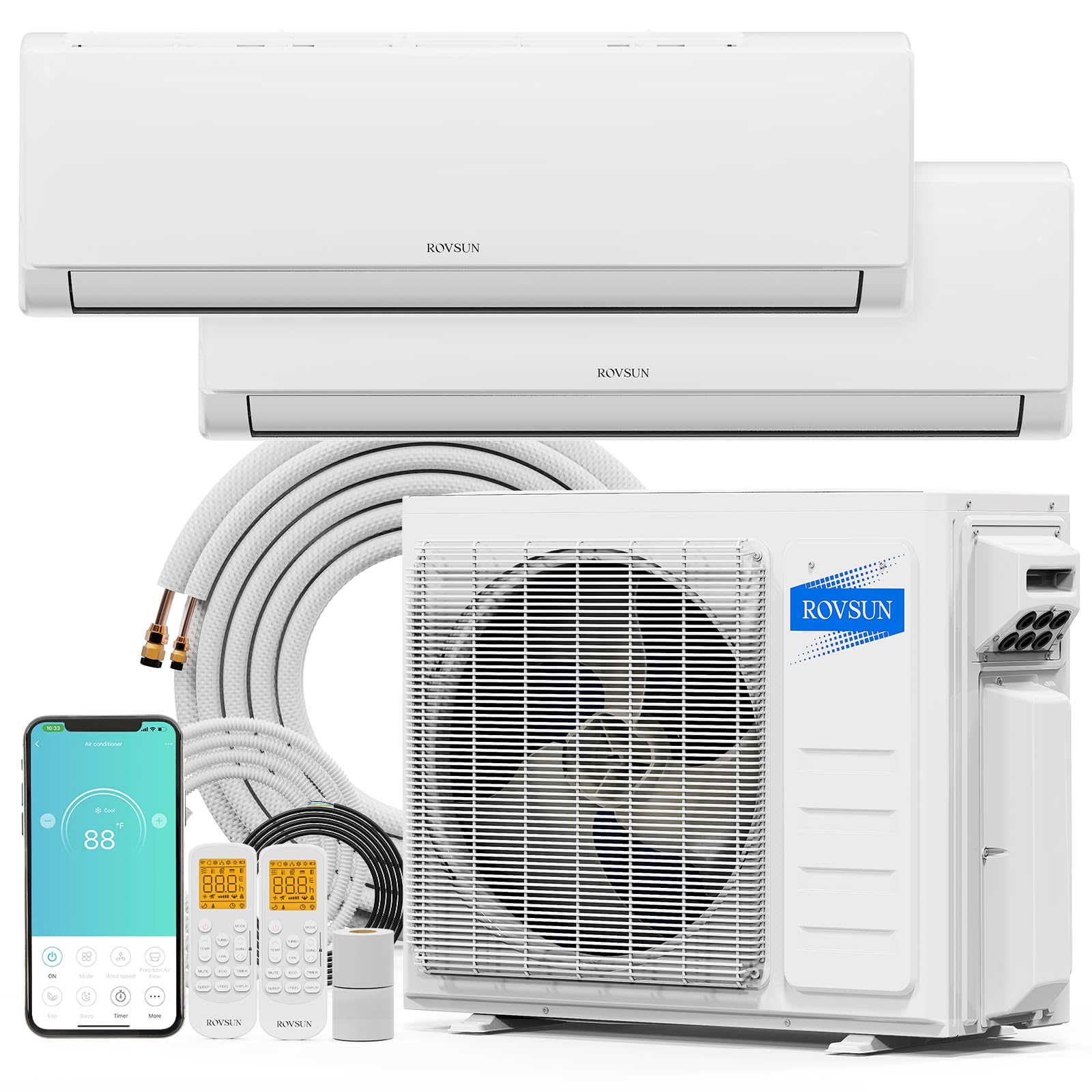 ROVSUN 2 Zone 9,000 + 12,000 / 20,000 BTU Wifi Mini Split Air Conditioner Ductless 20 SEER2 230V with Heat Pump & 25Ft Install Kit