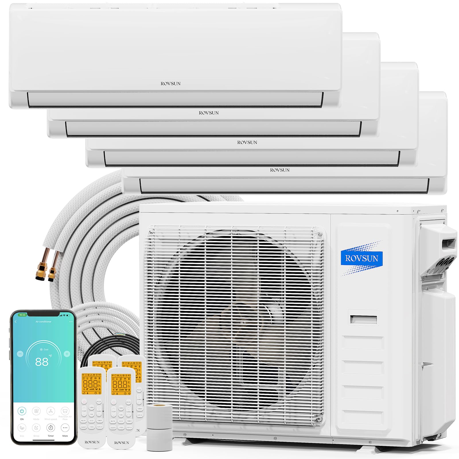 ROVSUN 4 Zone 9,000 + 9,000 + 9,000 + 12,000 / 35,000 BTU Wifi Mini Split Air Conditioner Ductless 19 SEER2 230V with Heat Pump & 25Ft Install Kit