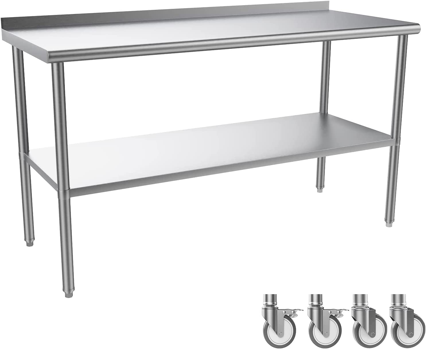 ROVSUN 60 x 24 Inch Stainless Steel Table with Backsplash & Undershelf