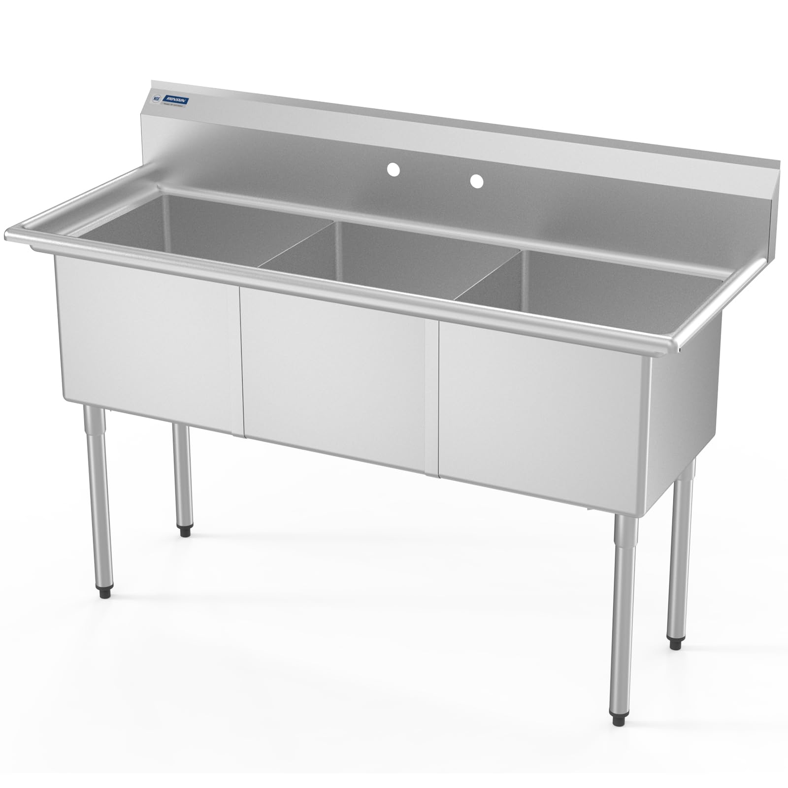 ROVSUN 60" 3 Compartment 304 Stainless Steel Sink with Backsplash