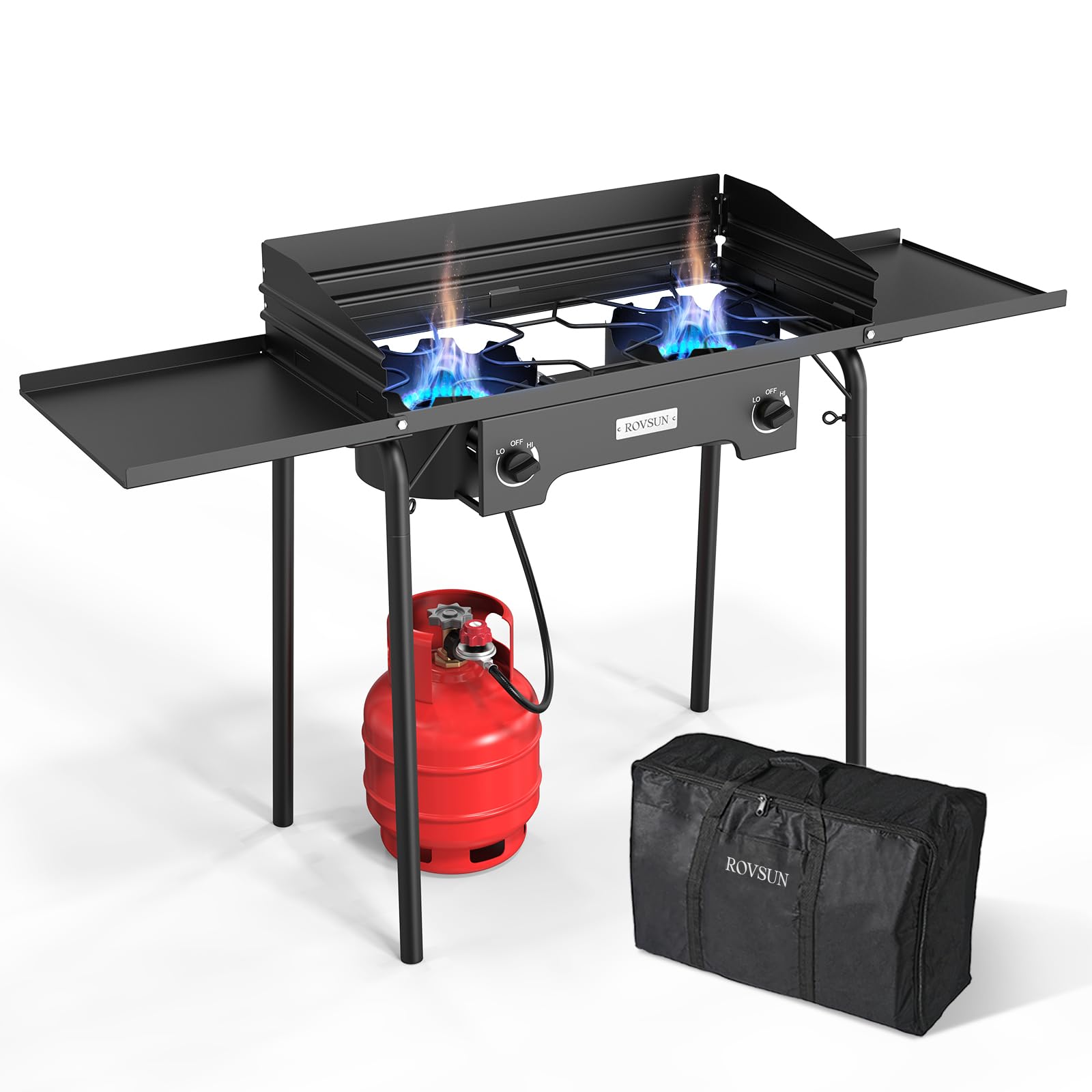 ROVSUN 2 Burner 150,000 BTU Outdoor Gas Propane Stove with Windpanel & Side Shelves & Carrying Bag