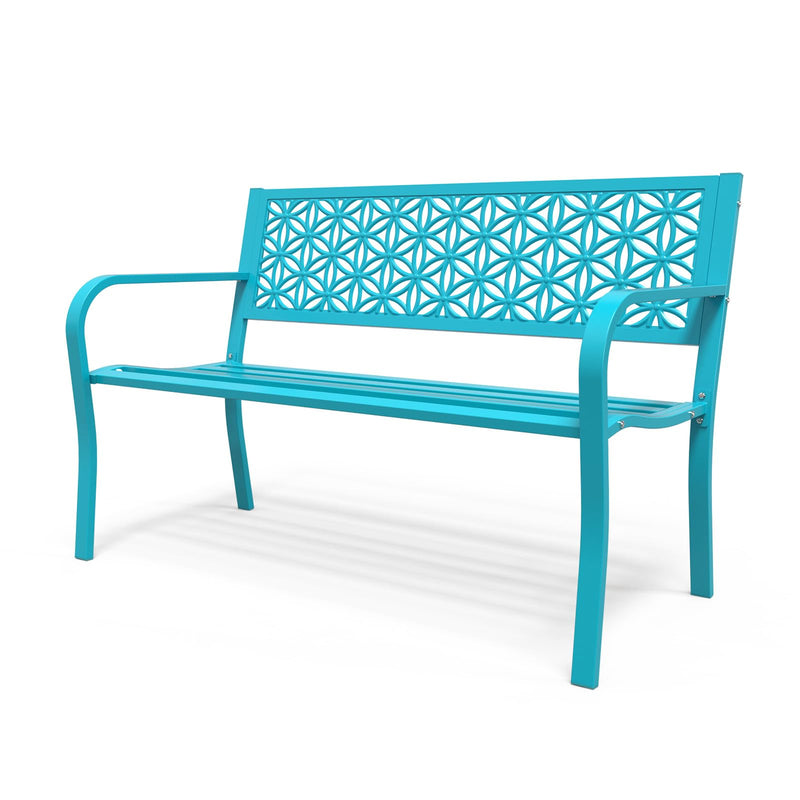 50 Inch Outdoor Bench Metal with Floral Back Blue