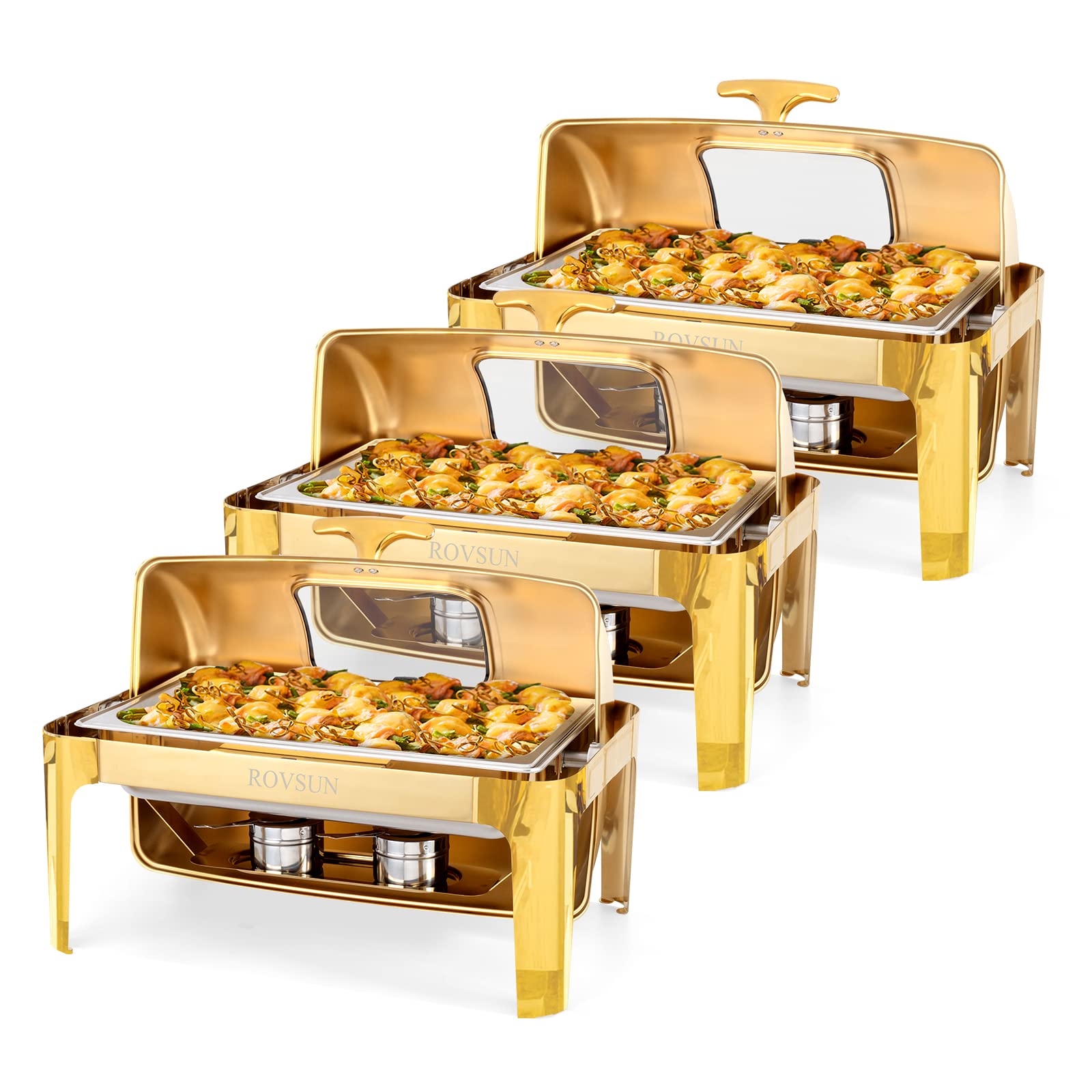 ROVSUN 9 QT Gold Rectangular Roll Top Chafing Dish Buffet Set with Glass Window