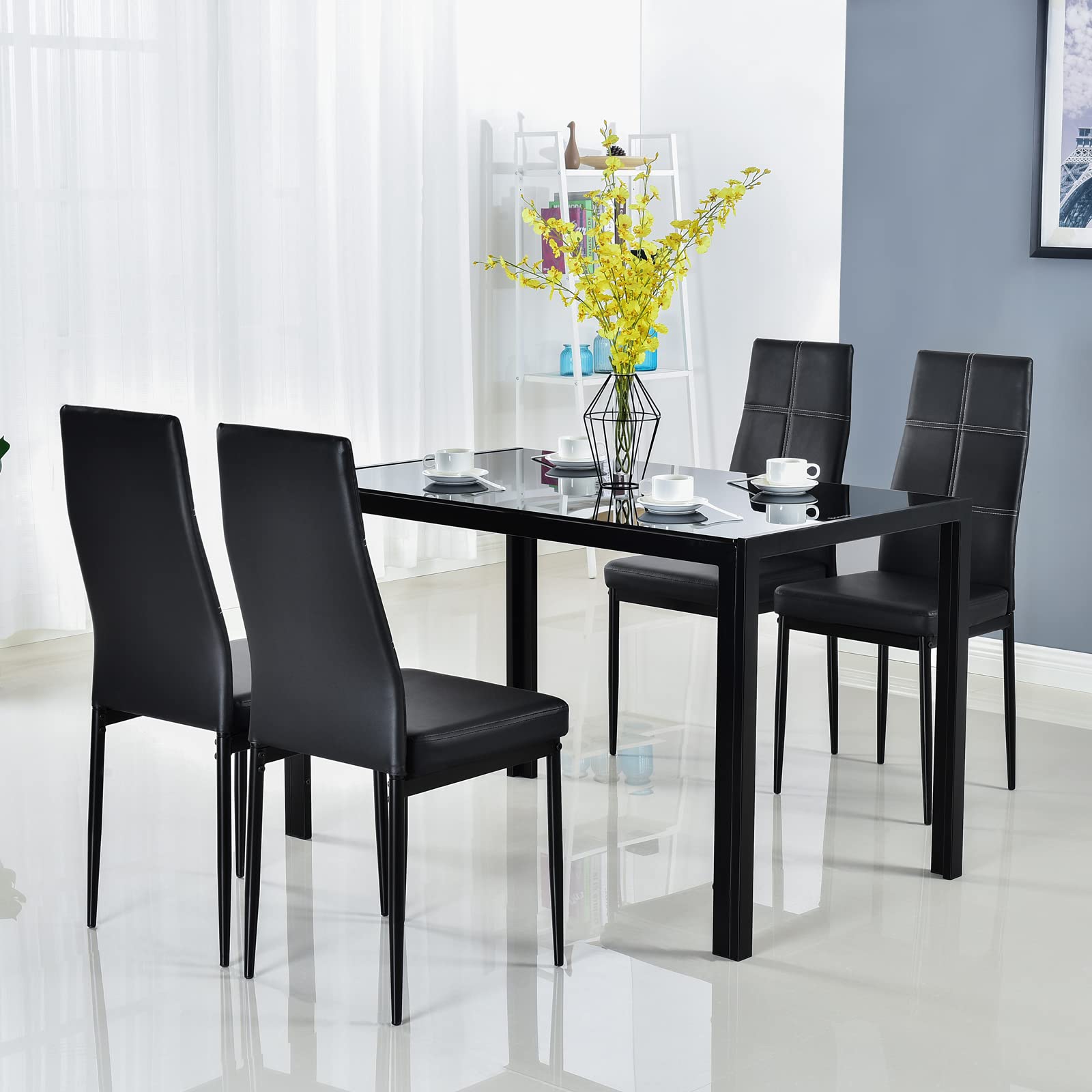 5 Piece Dining Set Glass Table and 4 PU Leather Chairs Black