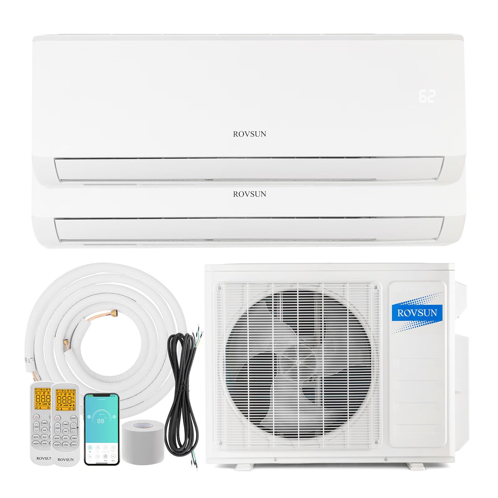 ROVSUN 2 Zone 9000 + 9000 / 18000 BTU Wifi Mini Split Air Conditioner Ductless 19 SEER2 230V with Heat Pump & 25Ft Install Kit