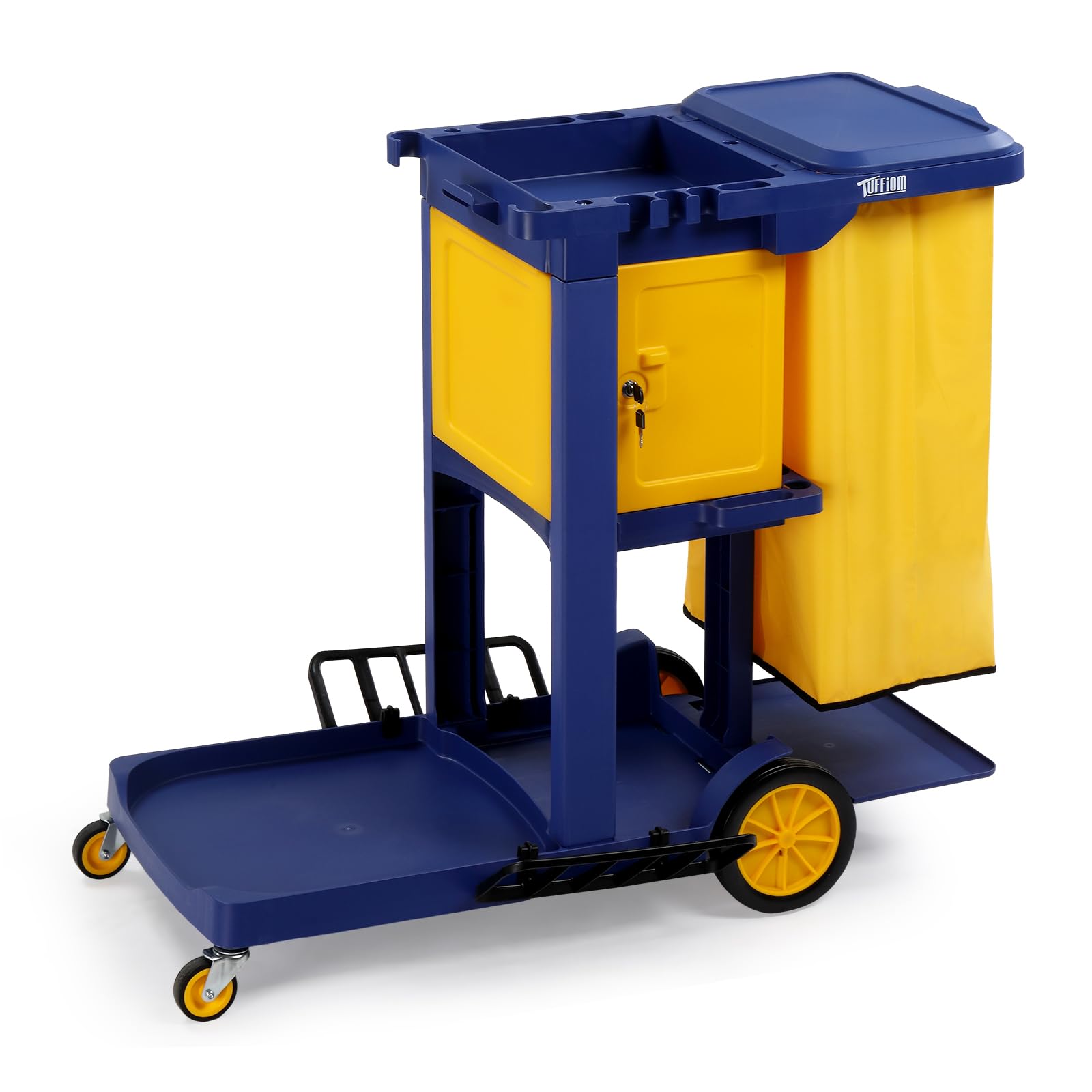 3-Tier 500 LBS Capacity Janitorial Cart with Locker & 15 Gallon Bag Blue