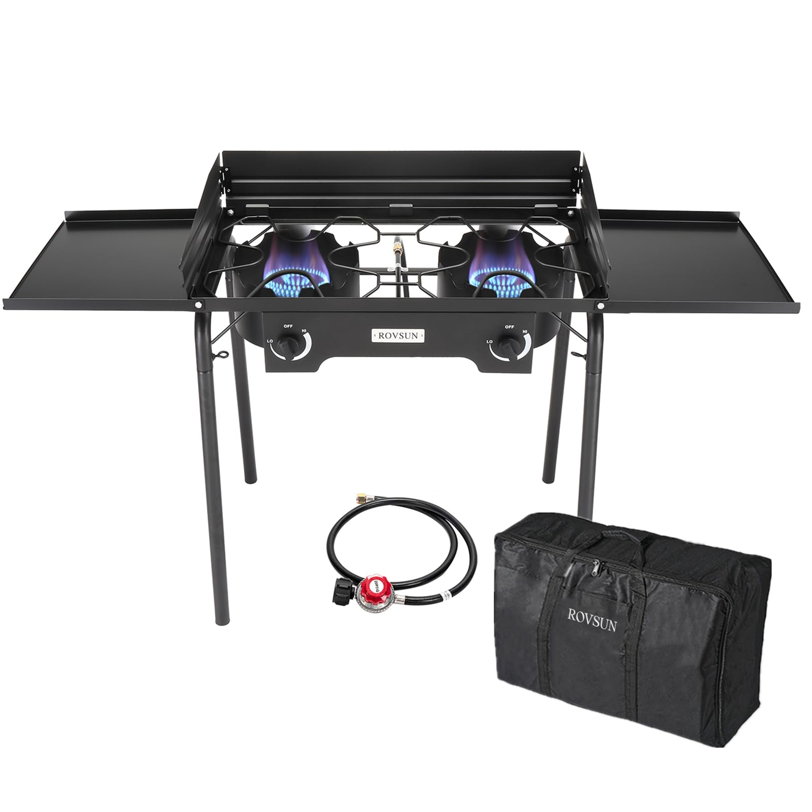 ROVSUN 2 Burner 150000 BTU Outdoor Gas Propane Stove with Windpanel & Side Shelves & Carrying Bag