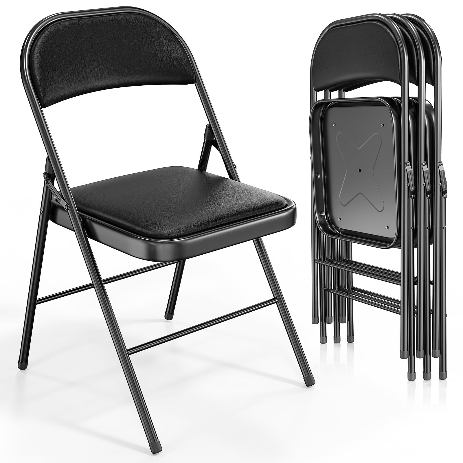 Folding Chairs with PU Leather Seat Set & Back Black