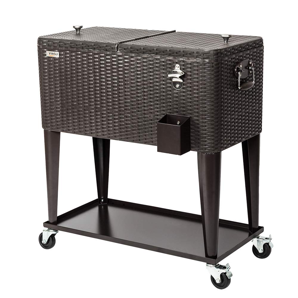 80 Quart Portable Outdoor Patio Rooling Cooler Cart Black Brown