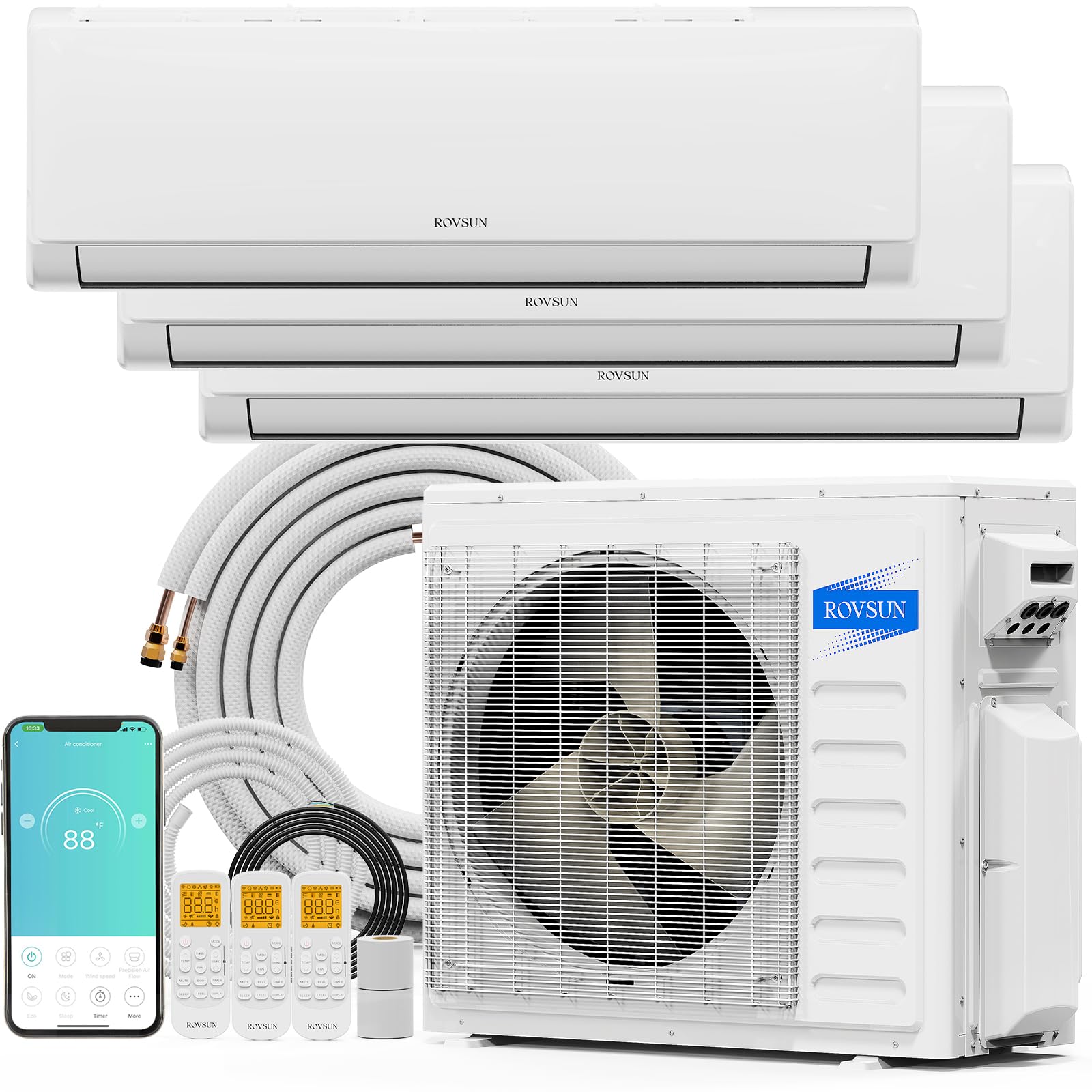 ROVSUN 3 Zone 9,000 + 9,000 + 9,000 / 2,7000 BTU Wifi Mini Split Air Conditioner Ductless 19 SEER2 230V with Heat Pump & 25Ft Install Kit