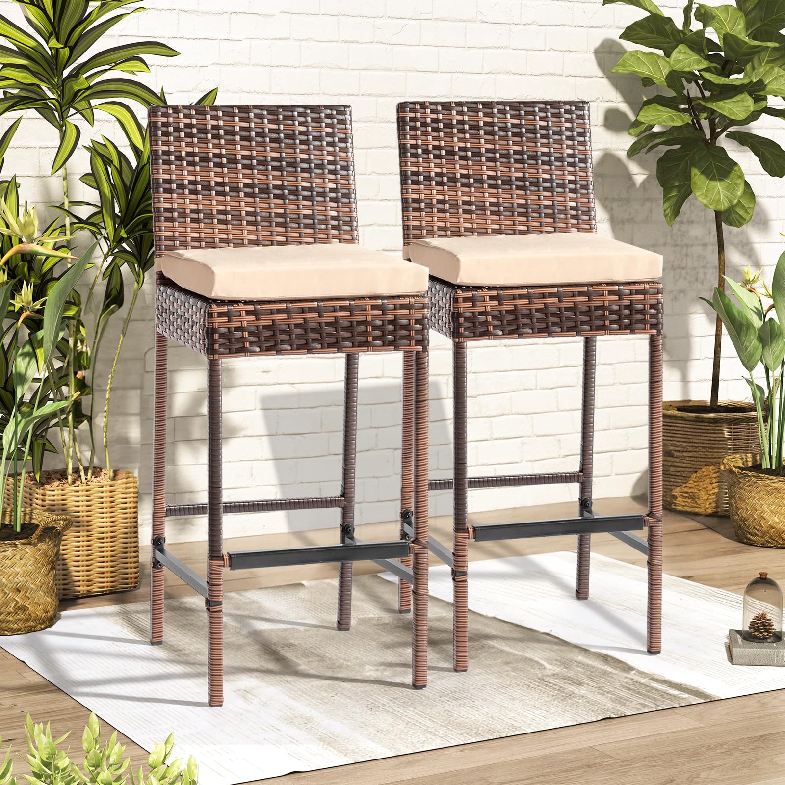 Outdoor Wicker Bar Stools Set with Cushions